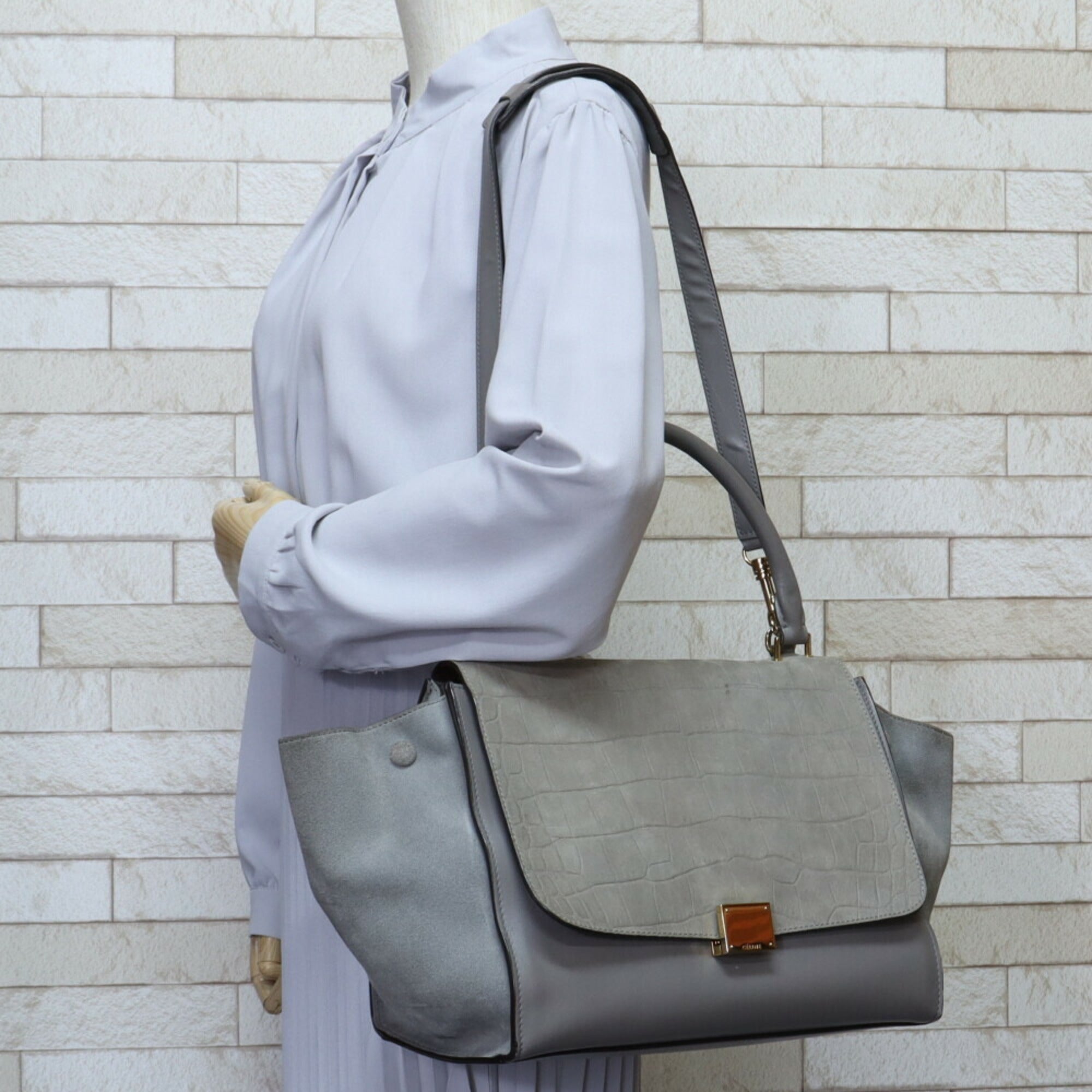Celine trapeze shoulder bag leather gray ladies