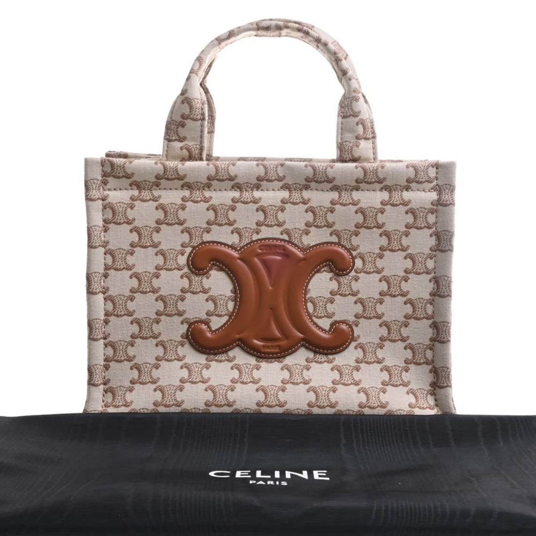 Celine Small Hippo Tice Canvas Leather Triomphe Handbag Beige/Brown Women's