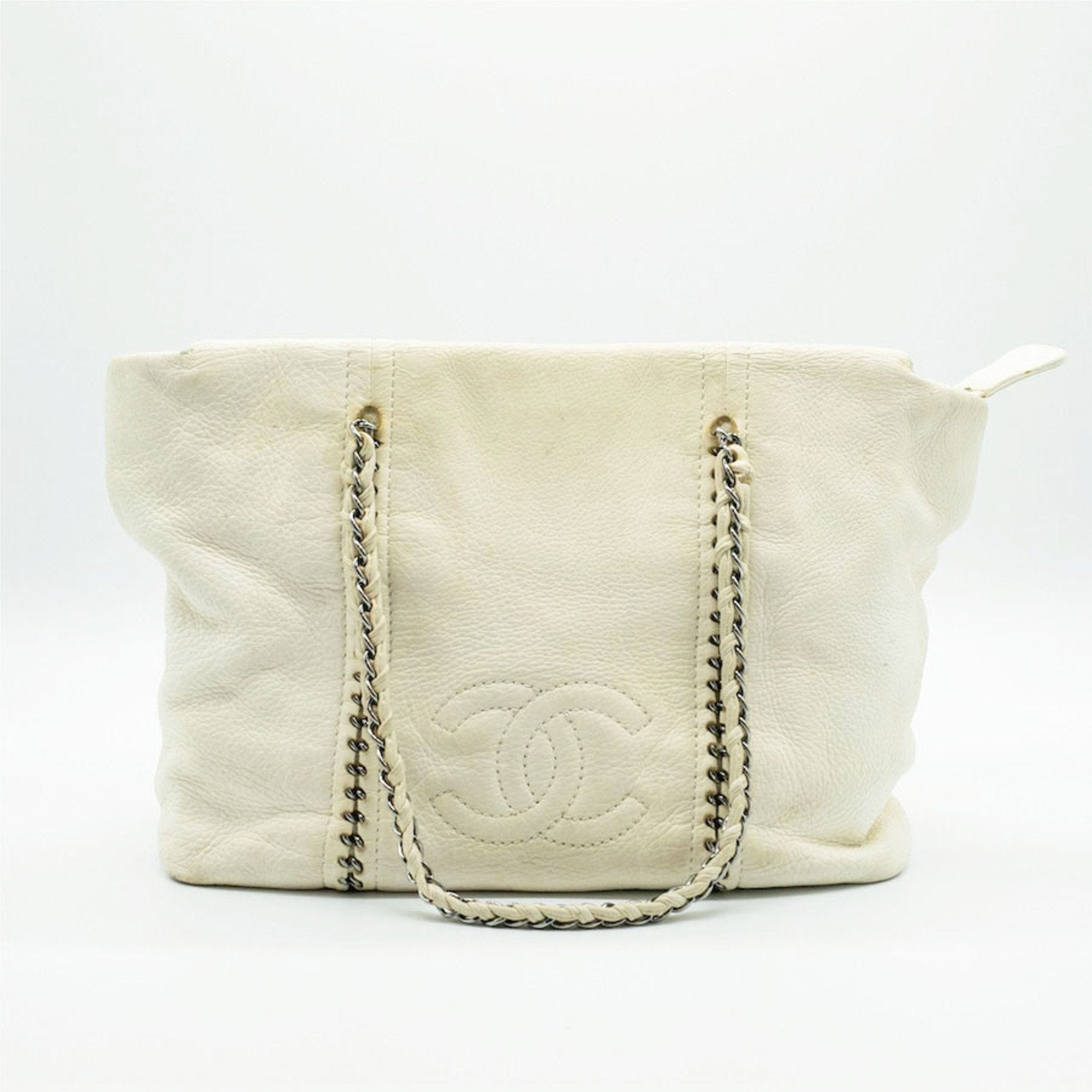 CHANEL Shoulder Bag Luxury Line Coco Mark Chain Leather White Silver Women's PD25