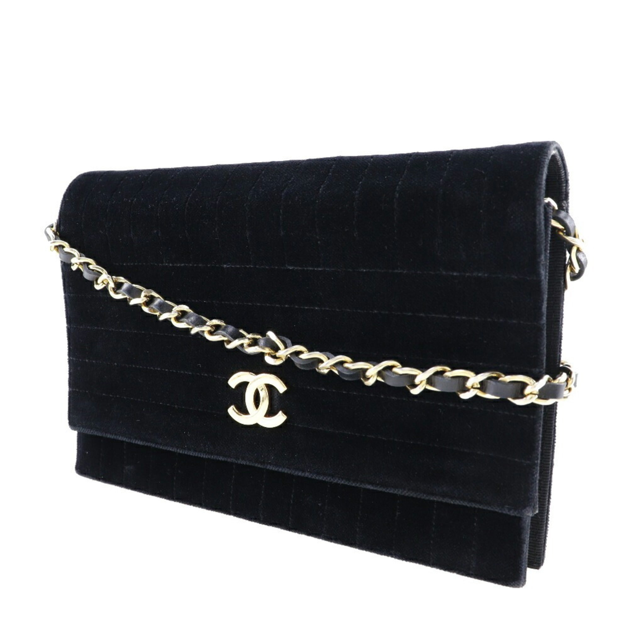 Chanel Chain Shoulder Bag Mademoiselle Coco Mark Velor Black/Gold Hardware Women's