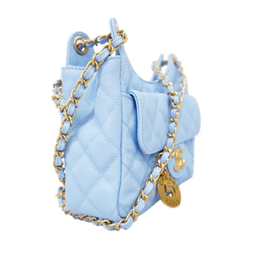 ChanelAuth  Matelasse Chain Shoulder Women's Caviar Leather Light Blue