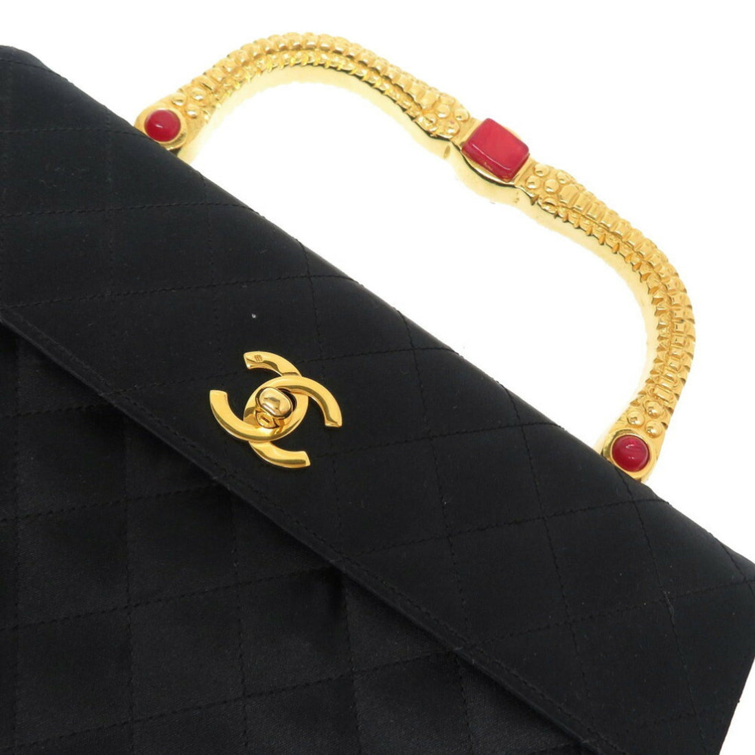 Chanel Gold Handle Stone Silk Satin Black Coco Mark Turn Lock HandBag 0009 Chanel
