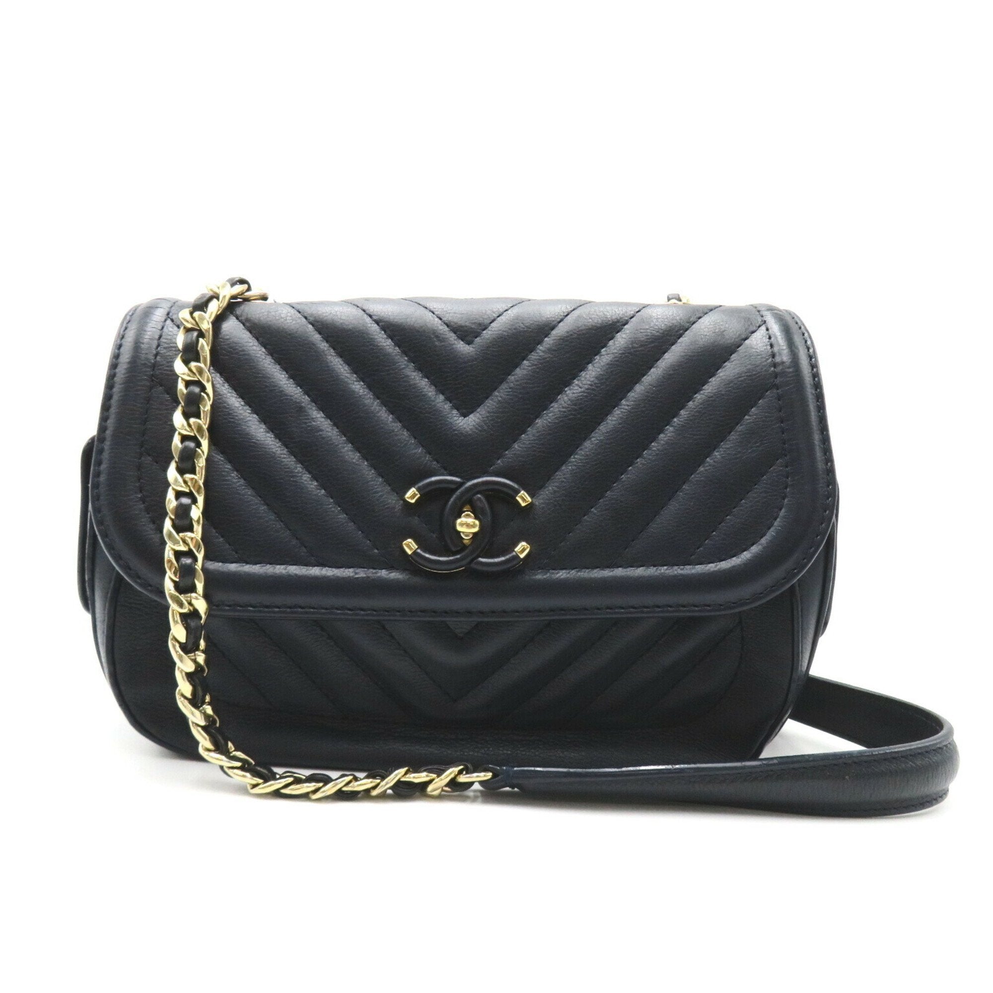 CHANEL V-stitch chain shoulder bag, calf leather, for women, navy
