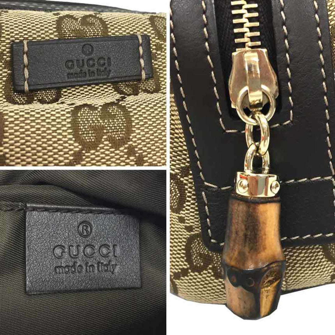 Gucci GG Canvas Bamboo Pouch WG Beige x Brown Leather Women's Unisex Bag
