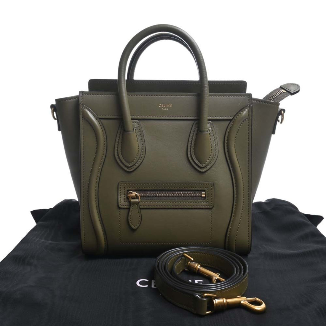 Celine Leather Luggage Nano Shopper Handbag 189243HSC Khaki Women's