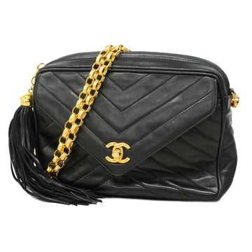 Chanel Shoulder Bag with V-stitching, Lambskin, Black, Women's