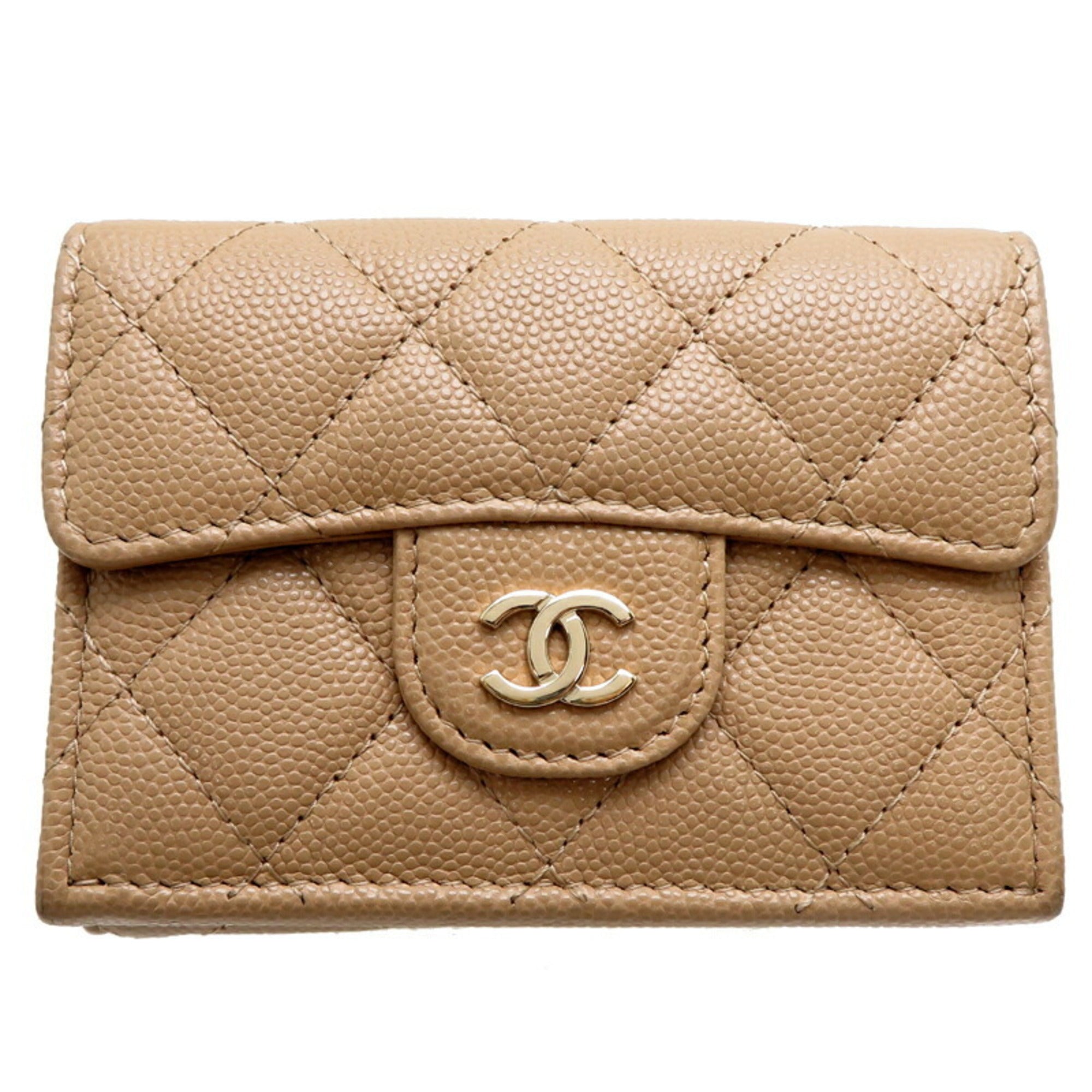 Chanel Seal Caviar W Compact Wallet Women's Tri-fold Skin Beige