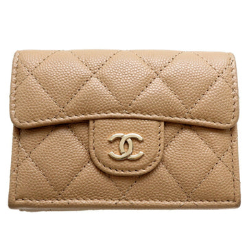 Chanel Seal Caviar W Compact Wallet Women's Tri-fold Skin Beige