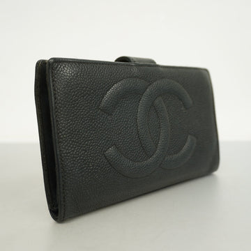 Chanel[3cc2399]   long wallet caviar skin black gold metal