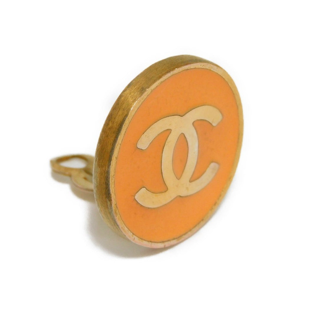 Chanel Earrings Round Coco Mark Button Enamel Pastel GP Gold 01P Vintage CC Orange Ladies Accessories Jewelry