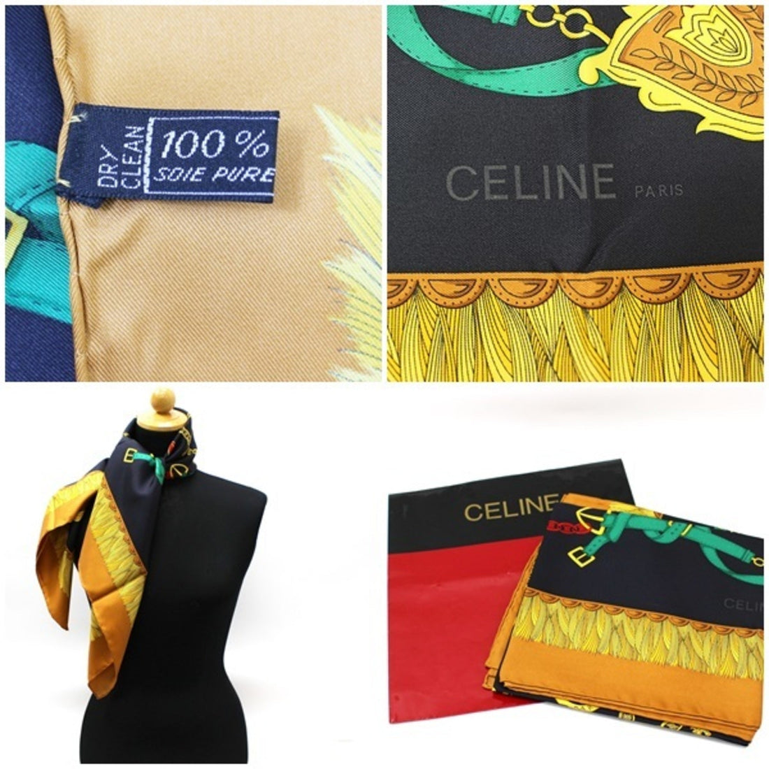 Celine silk scarf muffler black x beige belt pattern  ladies with paper case