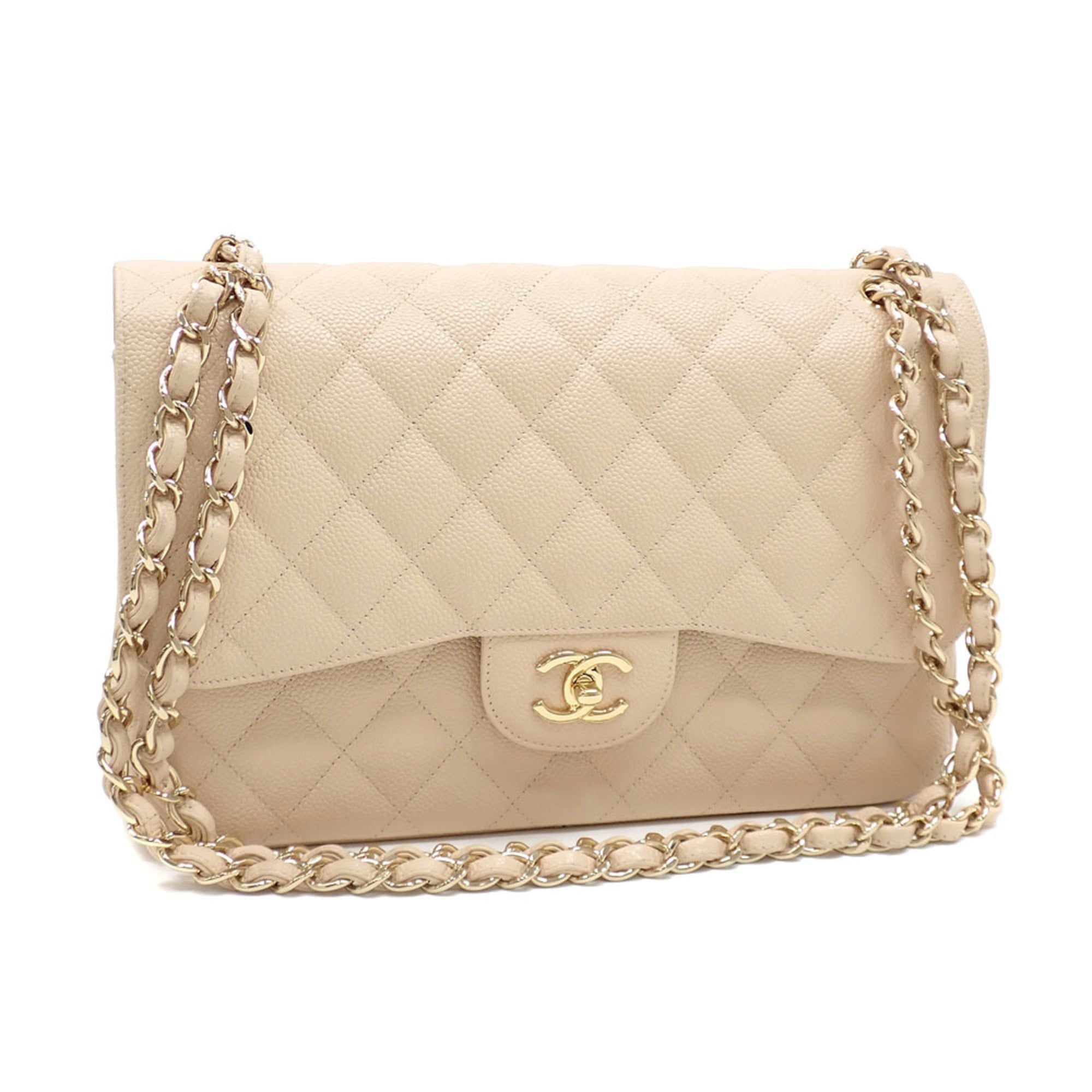 Chanel W flap chain shoulder bag Matelasse 30 Women's Beige Caviar Skin A58600 Coco Mark