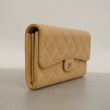 ChanelAuth  Matelasse Silver Metal Fittings Women's Lambskin Wallet Beige