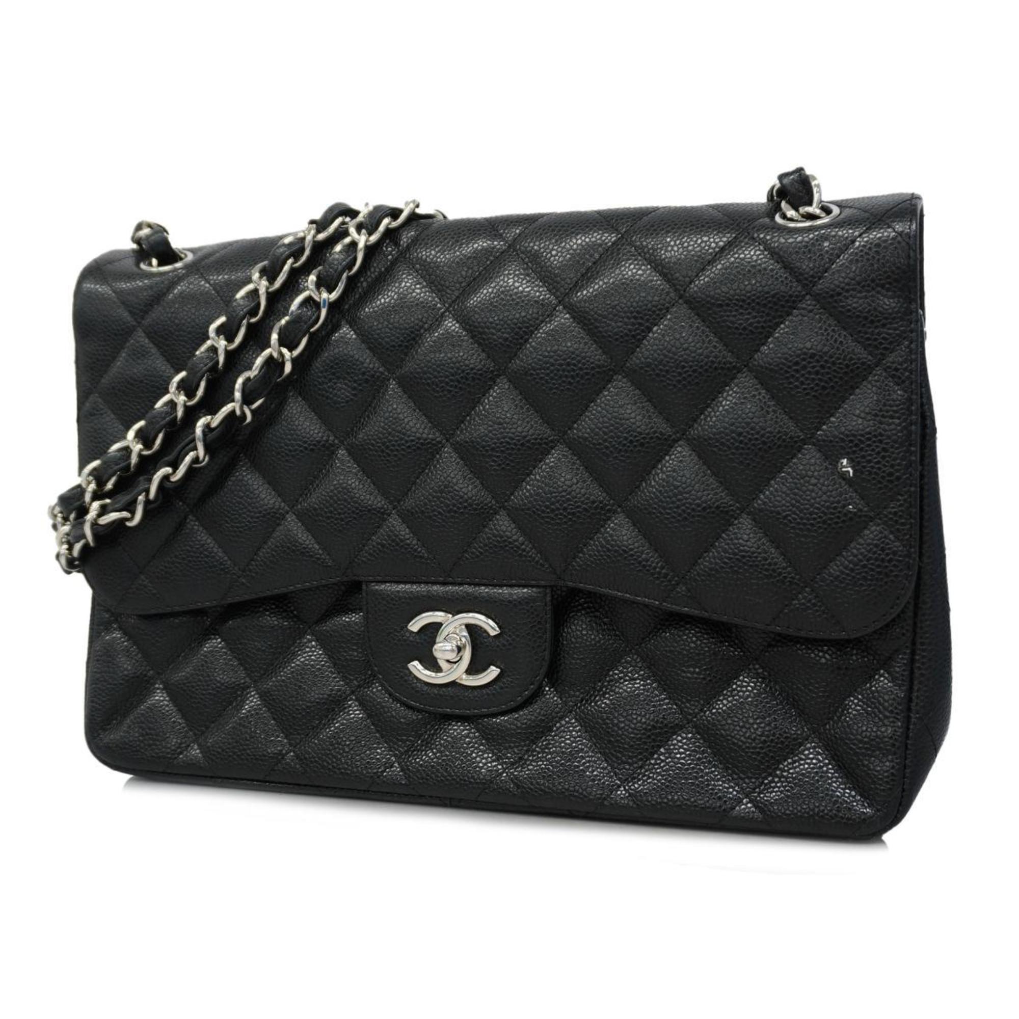 Chanel Shoulder Bag Matelasse W Flap Chain Caviar Skin Black Women's