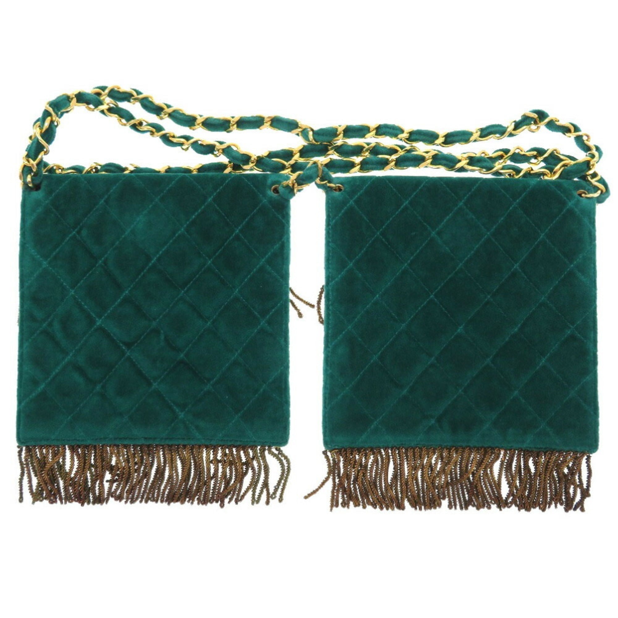 Chanel W Bag Velor Green Gold Chain Shoulder