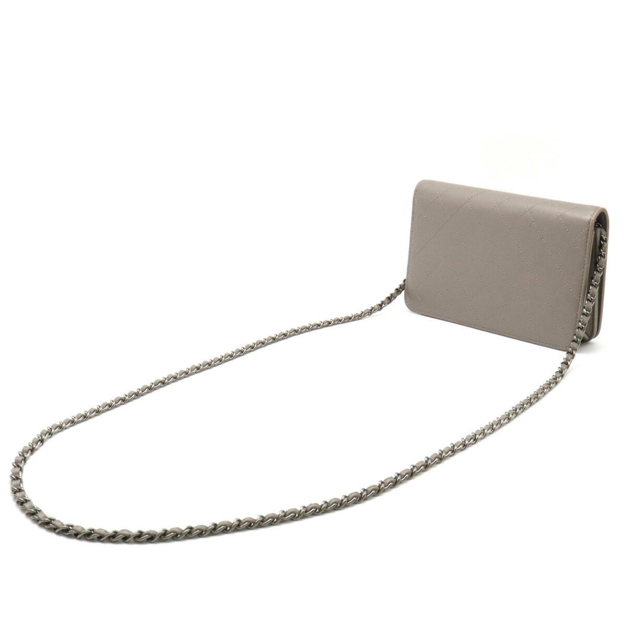 Chanel Matelasse Coco Mark Chain Shoulder Bag Pochette Metallic Leather Gray