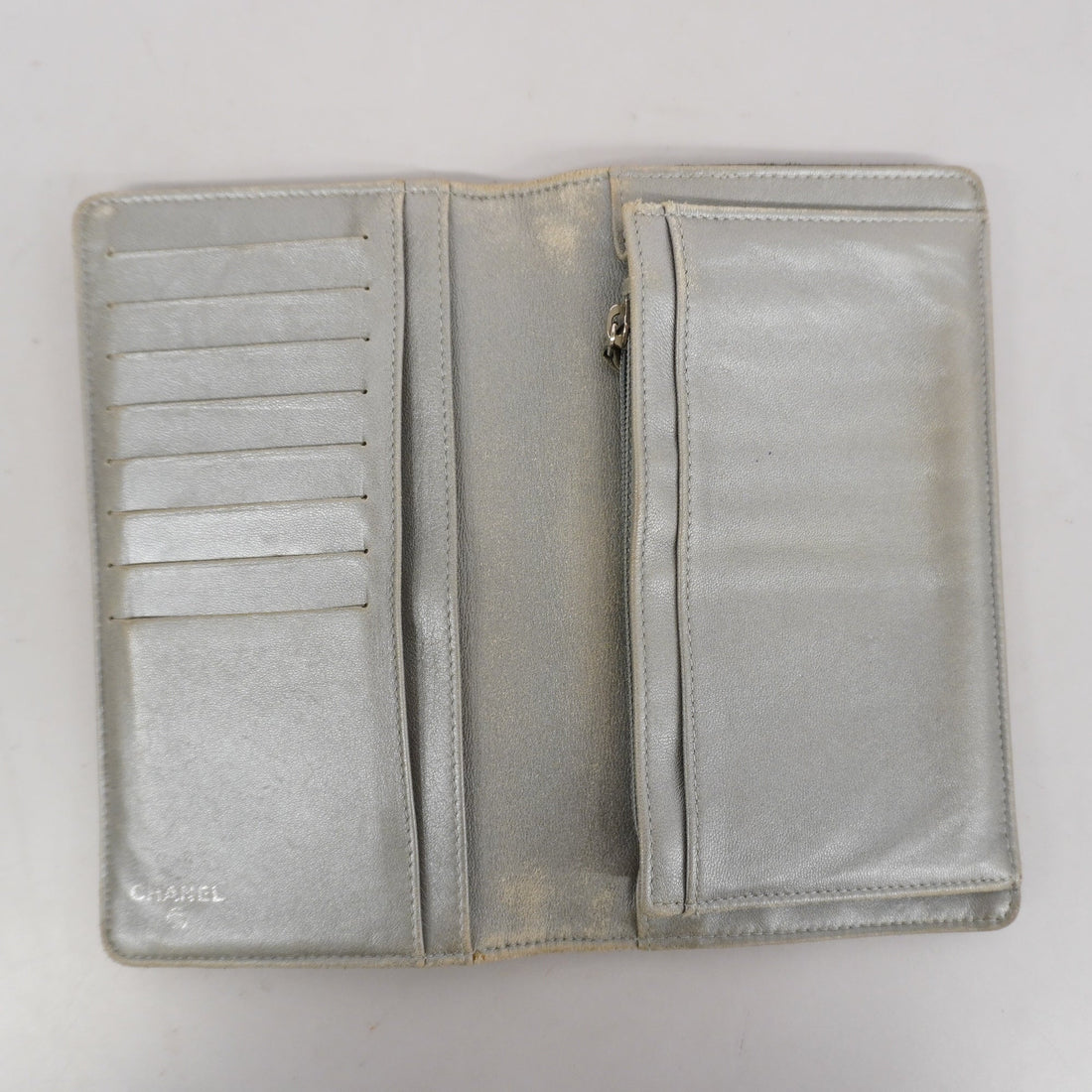 ChanelAuth  Camellia Bi-fold Long Wallet With Silver Metal Women's Lambskin