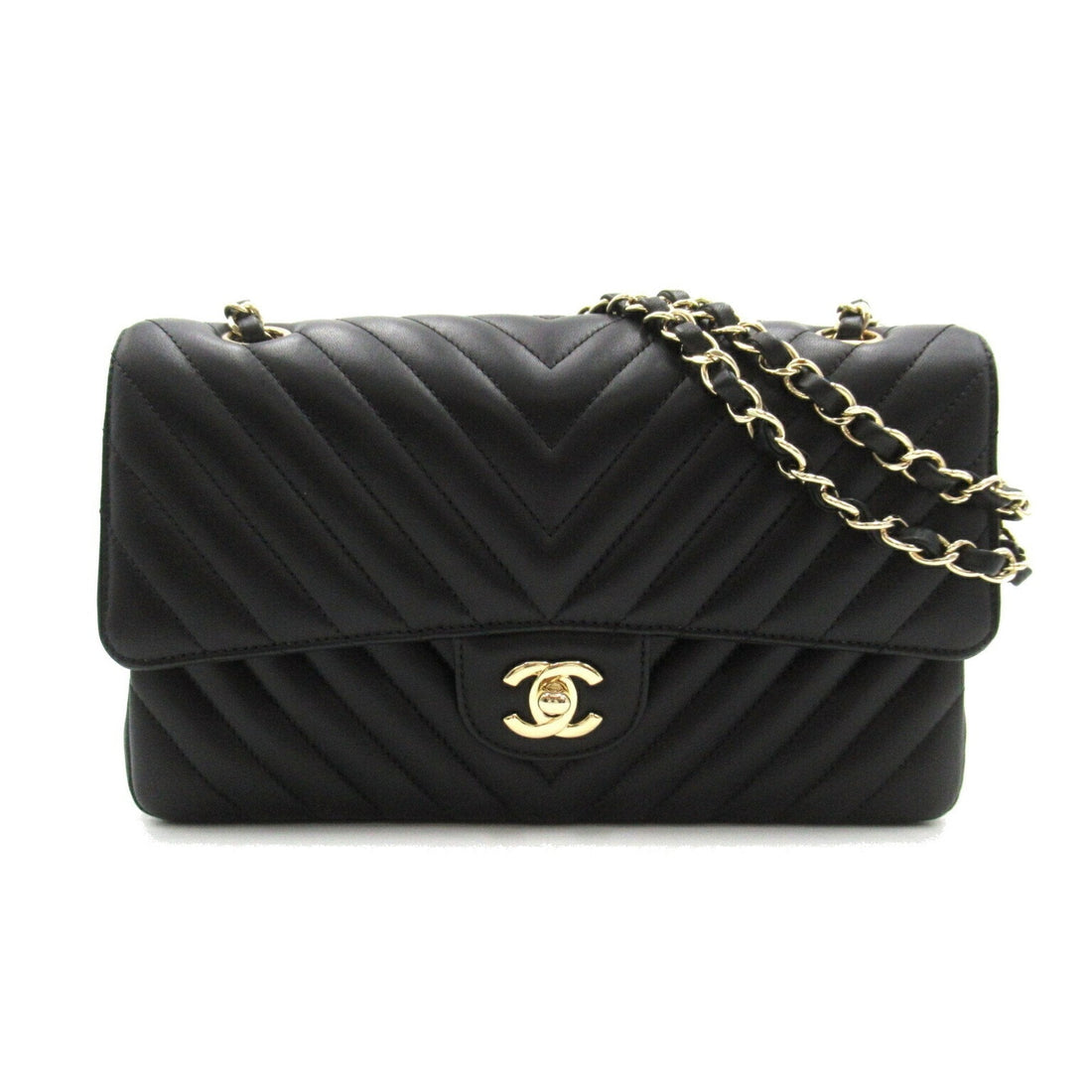 CHANEL V-stitched chain shoulder bag, lambskin, women's, black