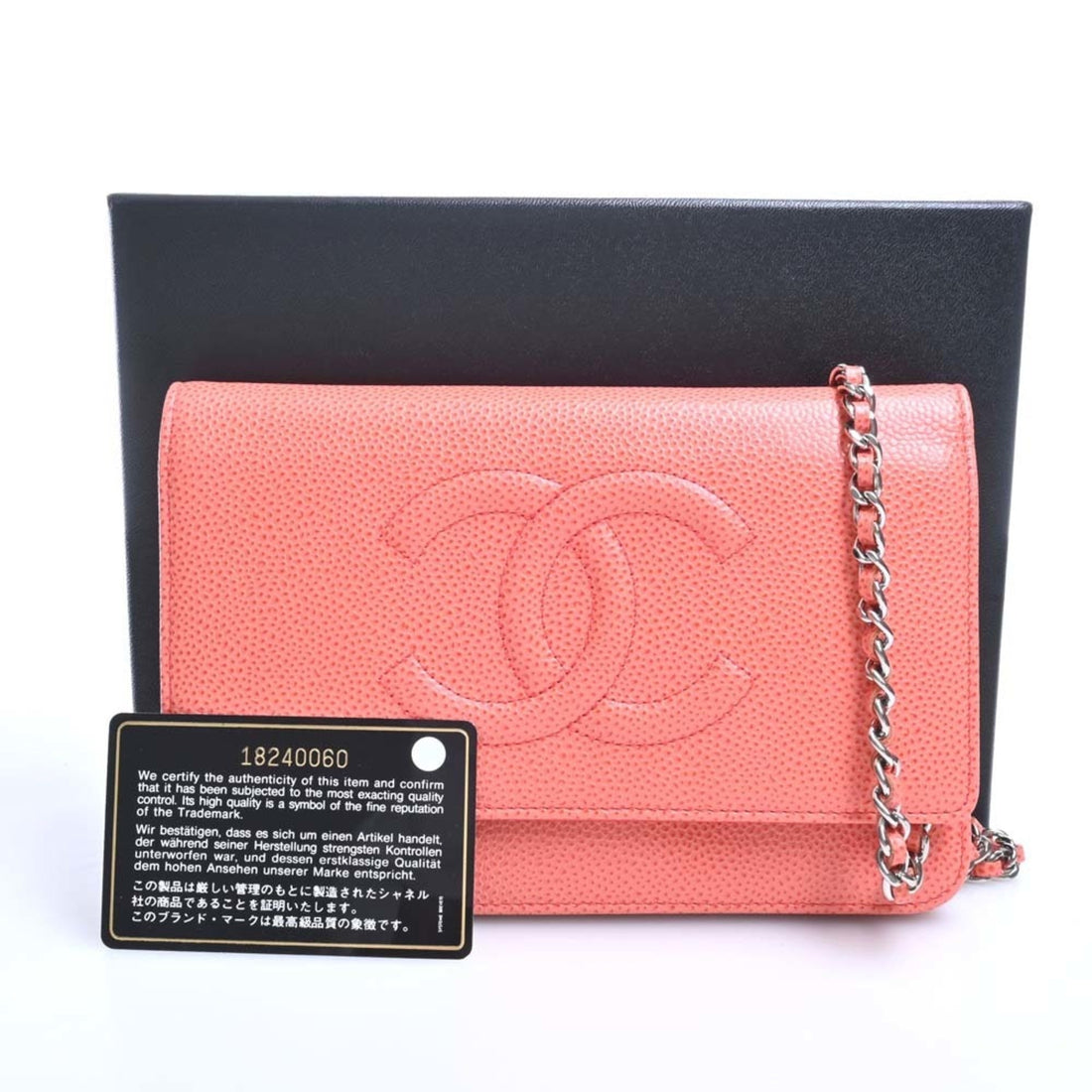 Chanel Caviar Skin Coco Mark Chain Shoulder Long Wallet Orange Ladies