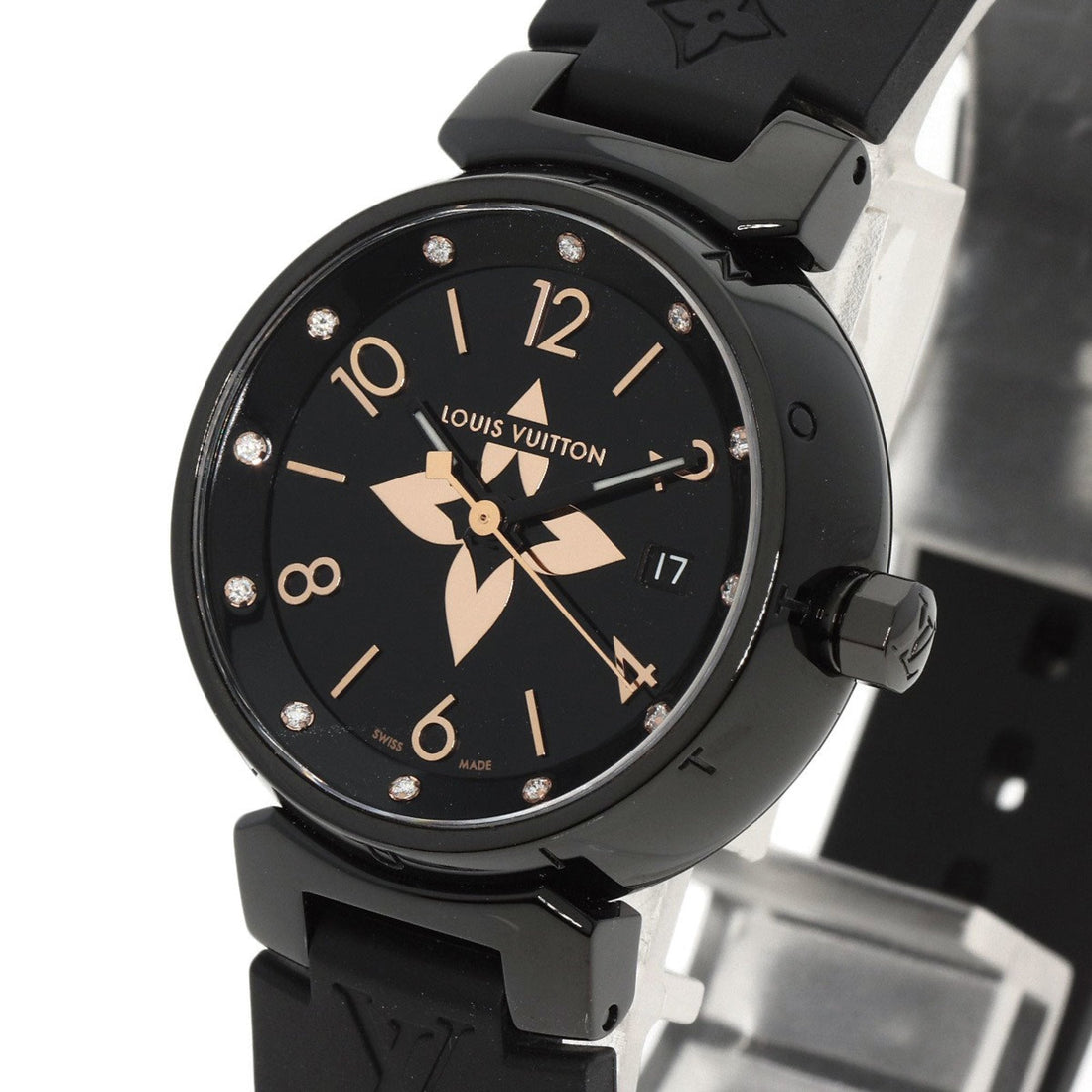 LOUIS VUITTON QA047 Tambour All Black PM 12P Diamond Watch Stainless Steel Rubber Ladies