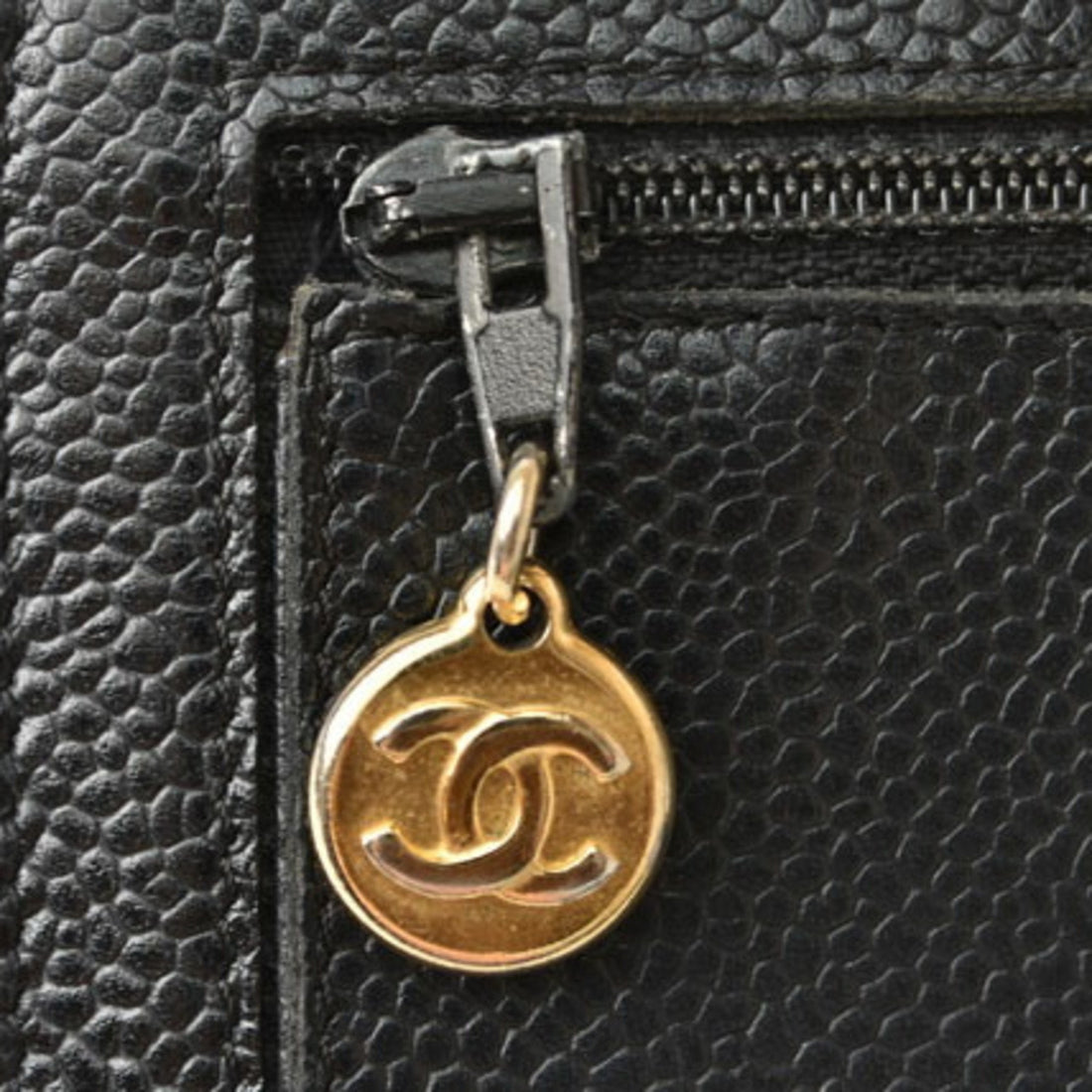 Chanel long wallet round here mark caviar skin black