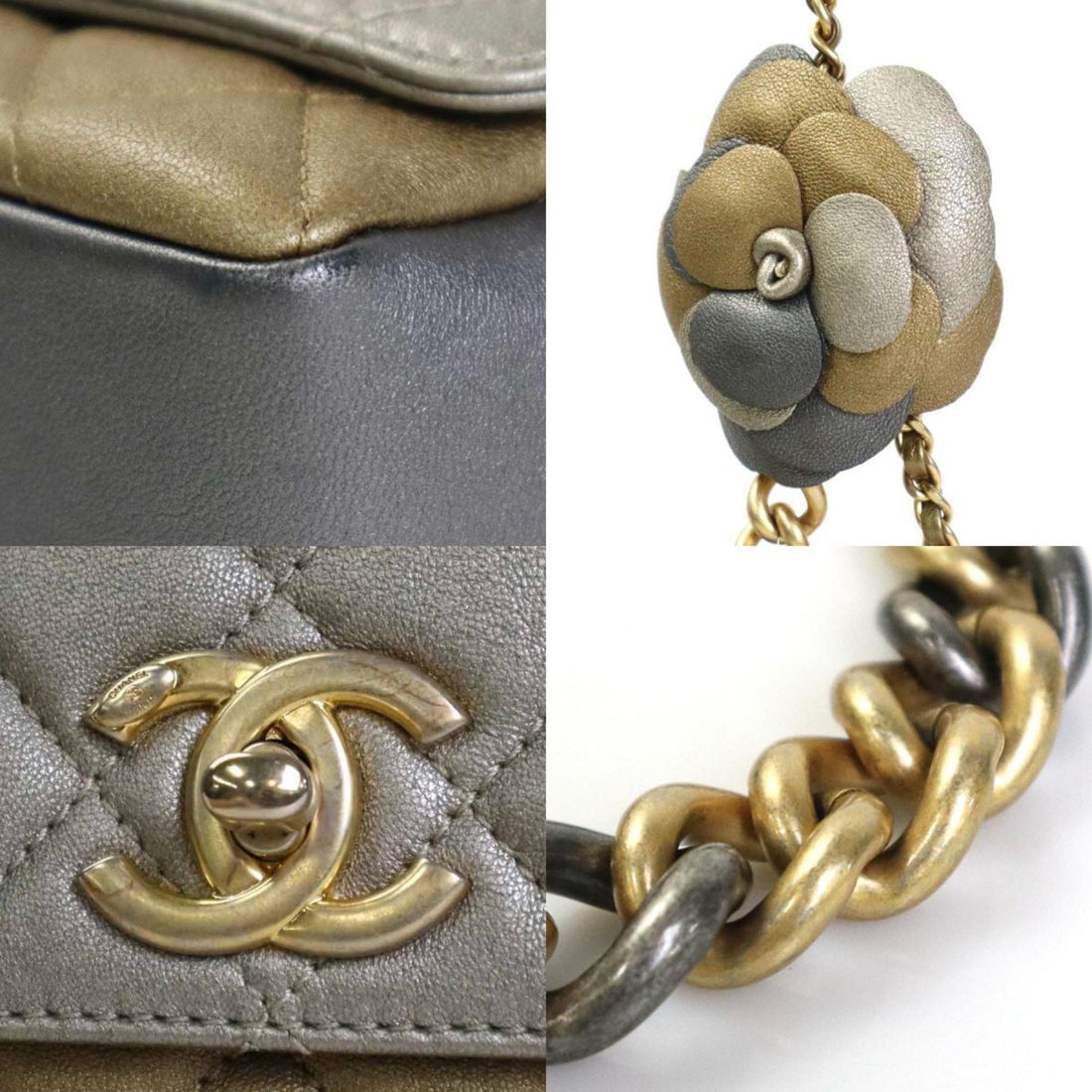 Chanel Diagonal Shoulder Bag Matelasse Camellia Leather/Metal Greige/Gold/Gray Women's e55934a