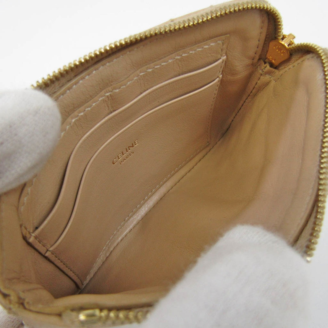 Celine Quilted C Charm Women's Leather Coin Purse/coin Case Beige