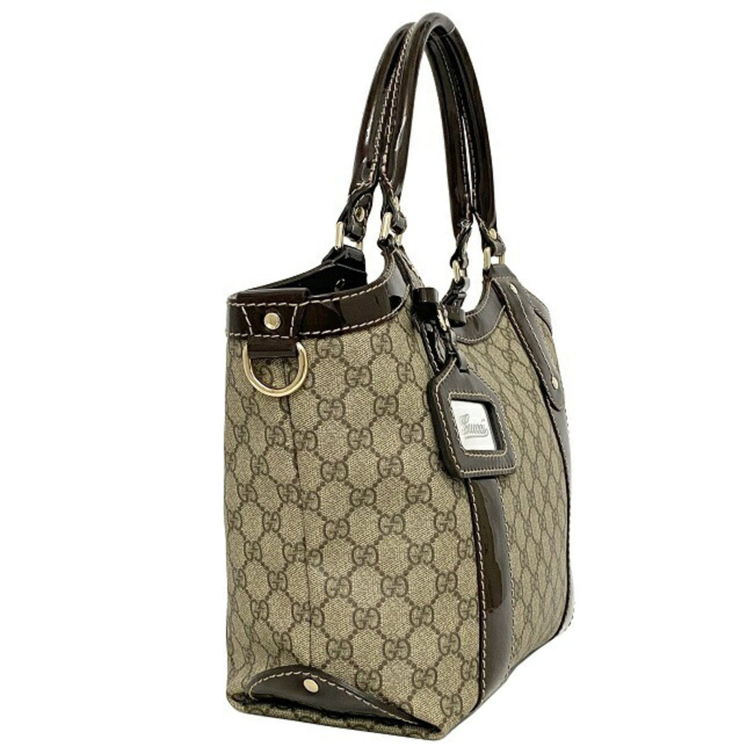Gucci Tote Bag Beige Brown GG Supreme 203521 PVC Patent Leather GUCCI Handbag Plus Charm Enamel Ribbon Ladies
