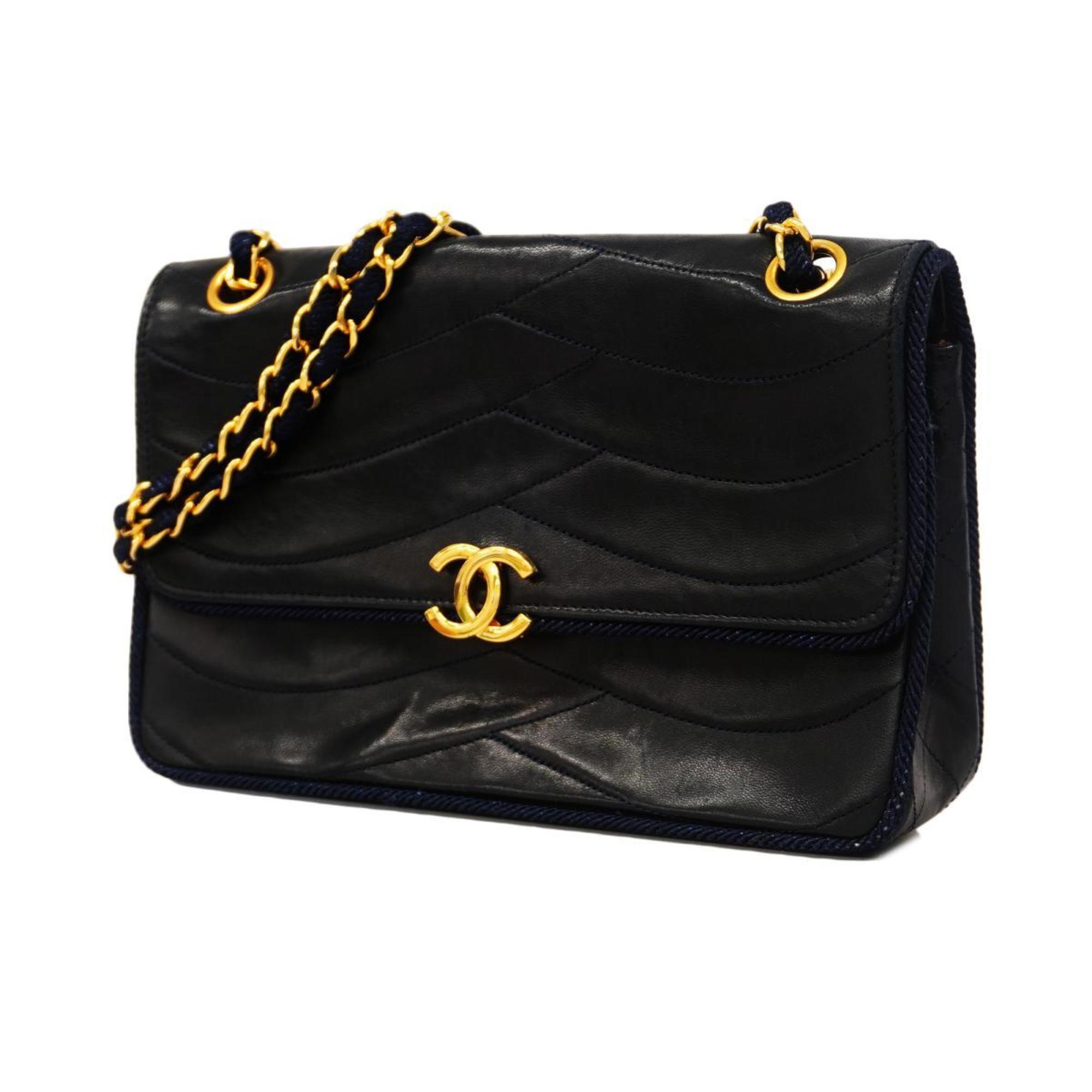 Chanel Shoulder Bag W Chain Lambskin Navy Women's