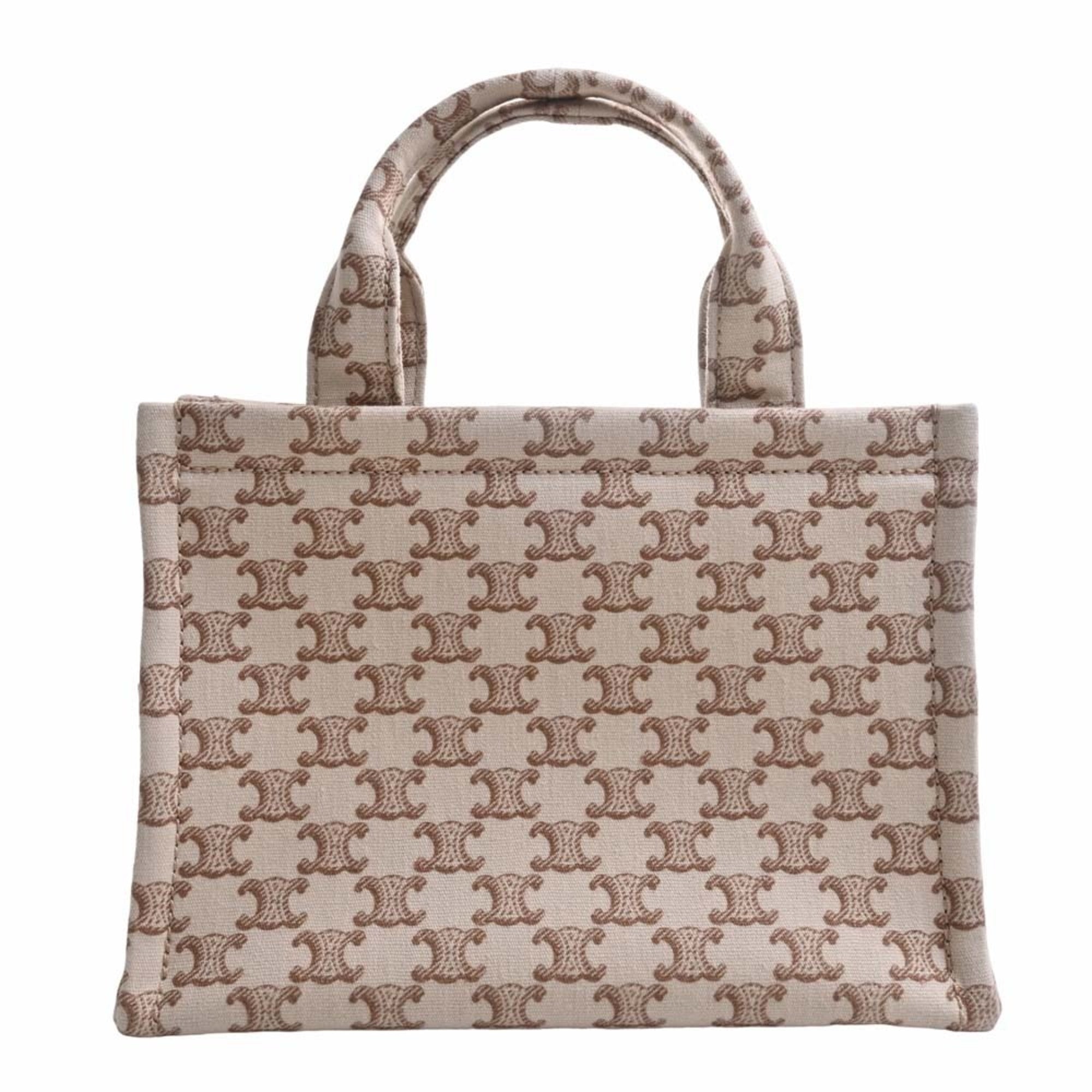 Celine Small Hippo Tice Canvas Leather Triomphe Handbag Beige/Brown Women's