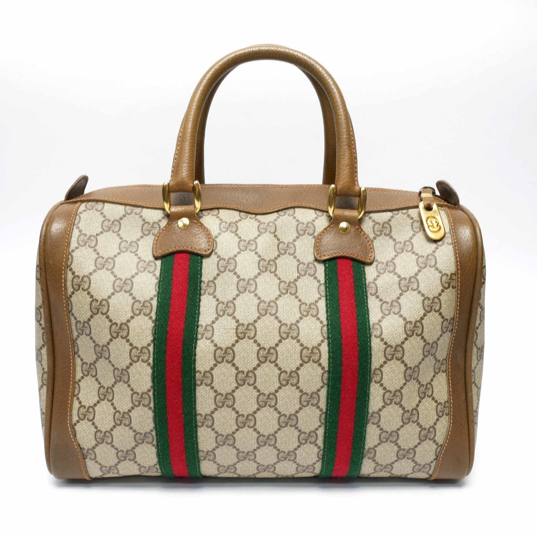 GUCCI Old Gucci Vintage Mini Boston Bag Handbag Barrel Unisex 1970's 70'S Sherry Line GG Pattern/Leather Gold Hardware Brown/Beige