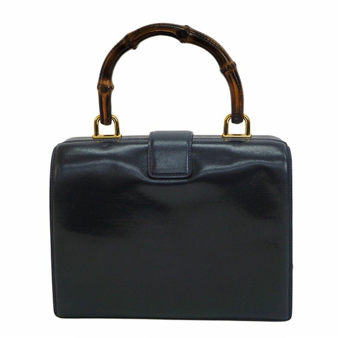 Gucci Old Bamboo Handbag Gold Crest Navy Leather Women's