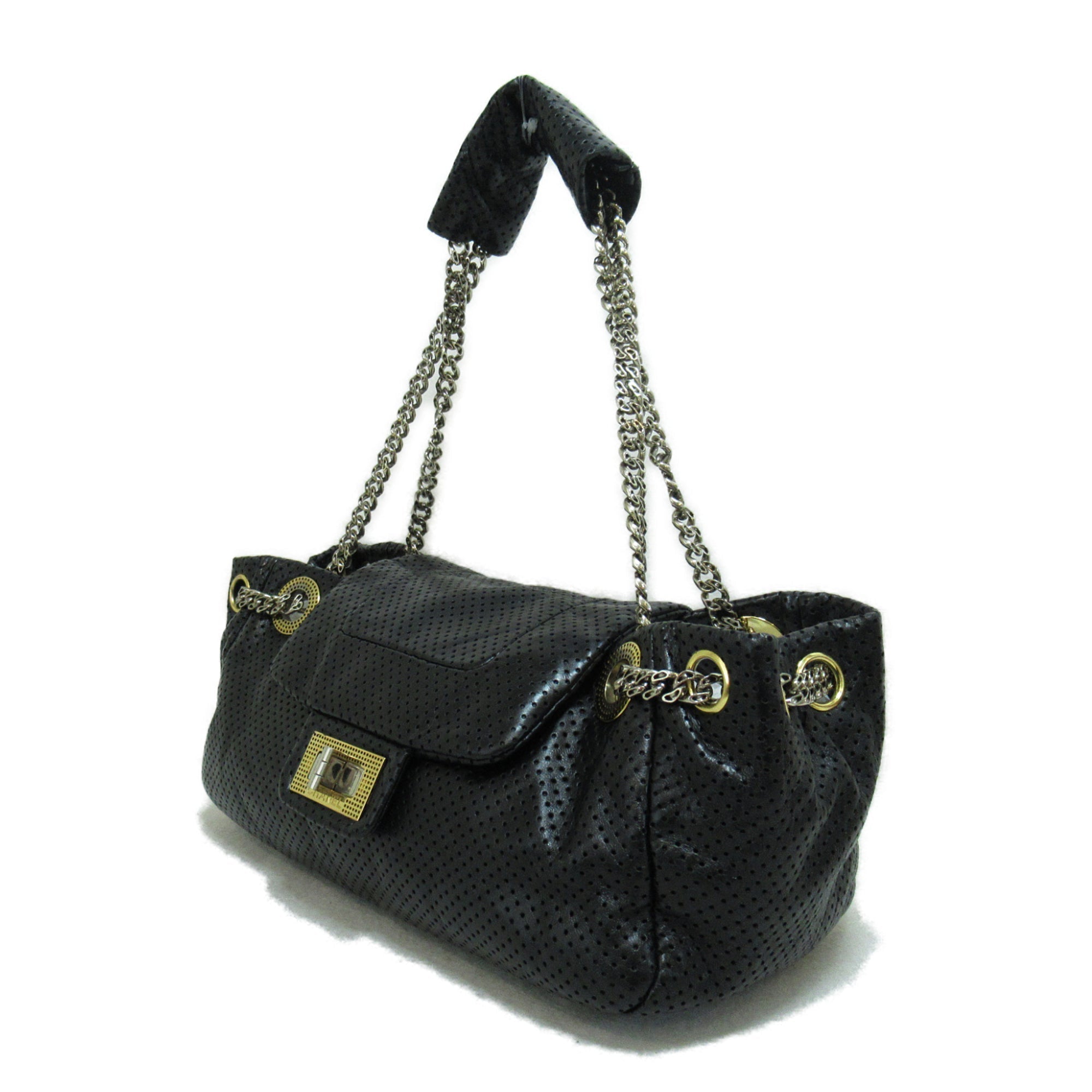 CHANEL 2.55ChainShoulder Bag Black leather Punching leather