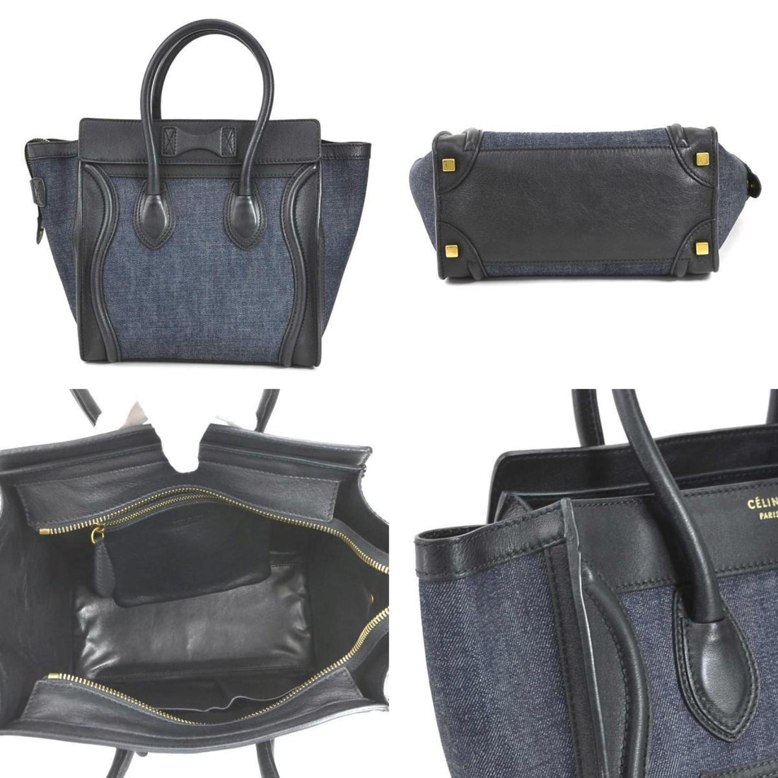 Celine Handbag Luggage Micro Shopper Leather/Denim Black x Indigo Ladies