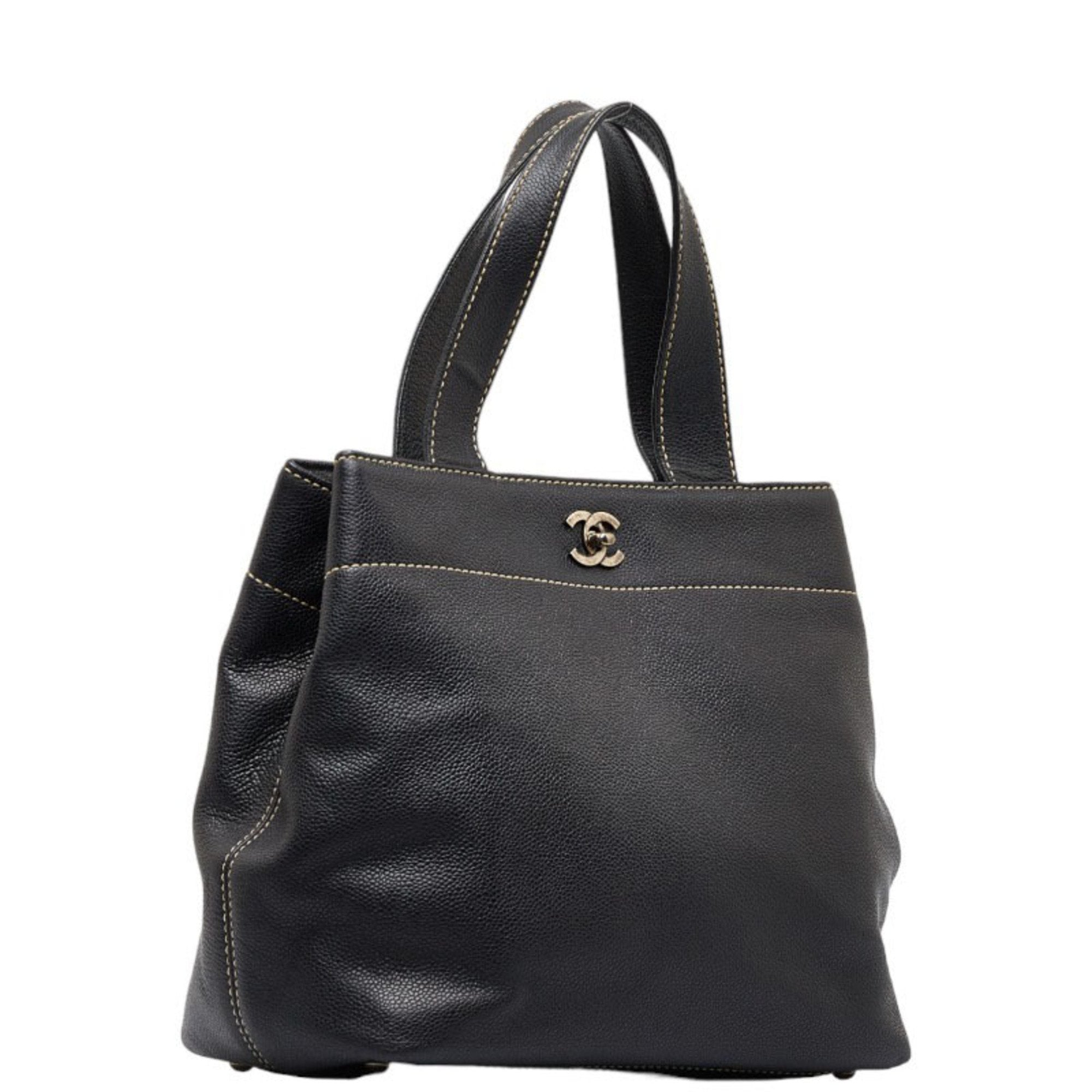 Chanel Coco Mark Turnlock HandBag Tote Bag Black Caviar Skin Ladies