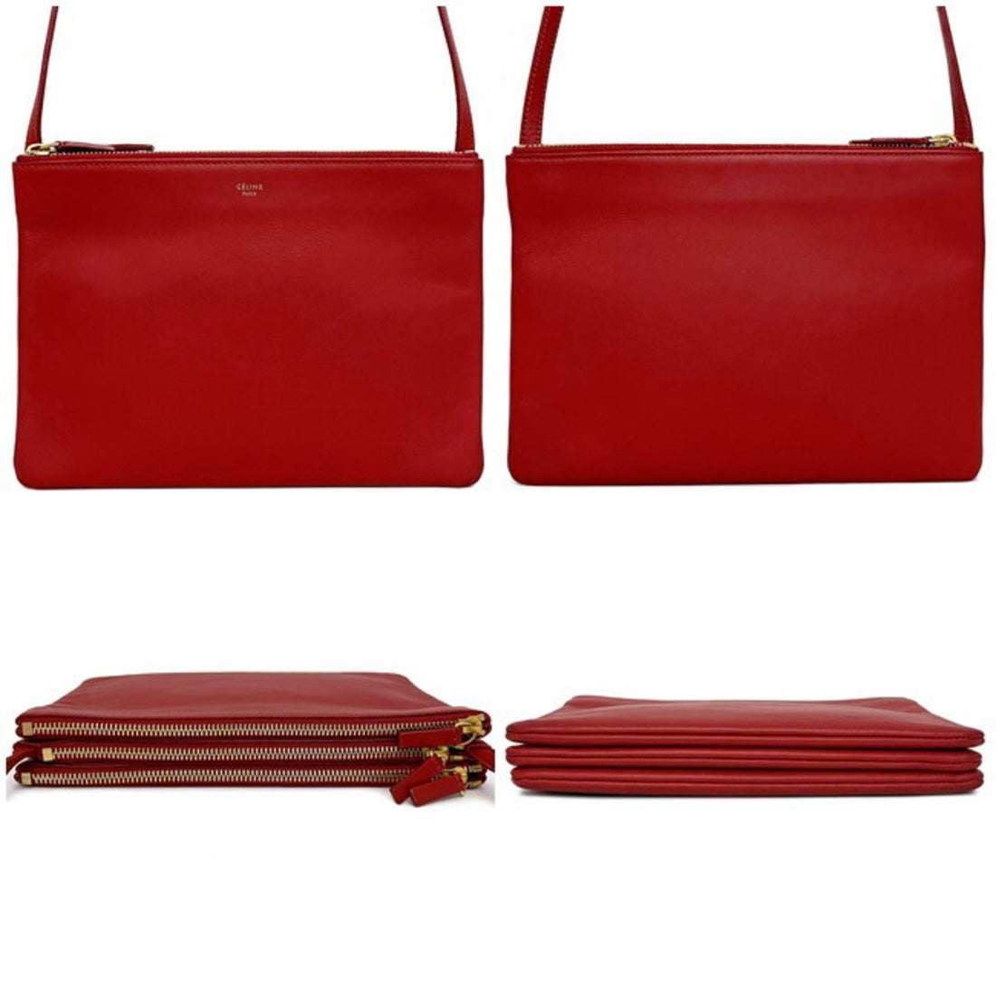 Celine Shoulder Bag Trio Large Red Gold 171453ETA 27ED Leather Smooth Lambskin Celine Pochette Crossbody Carry Thin Ladies