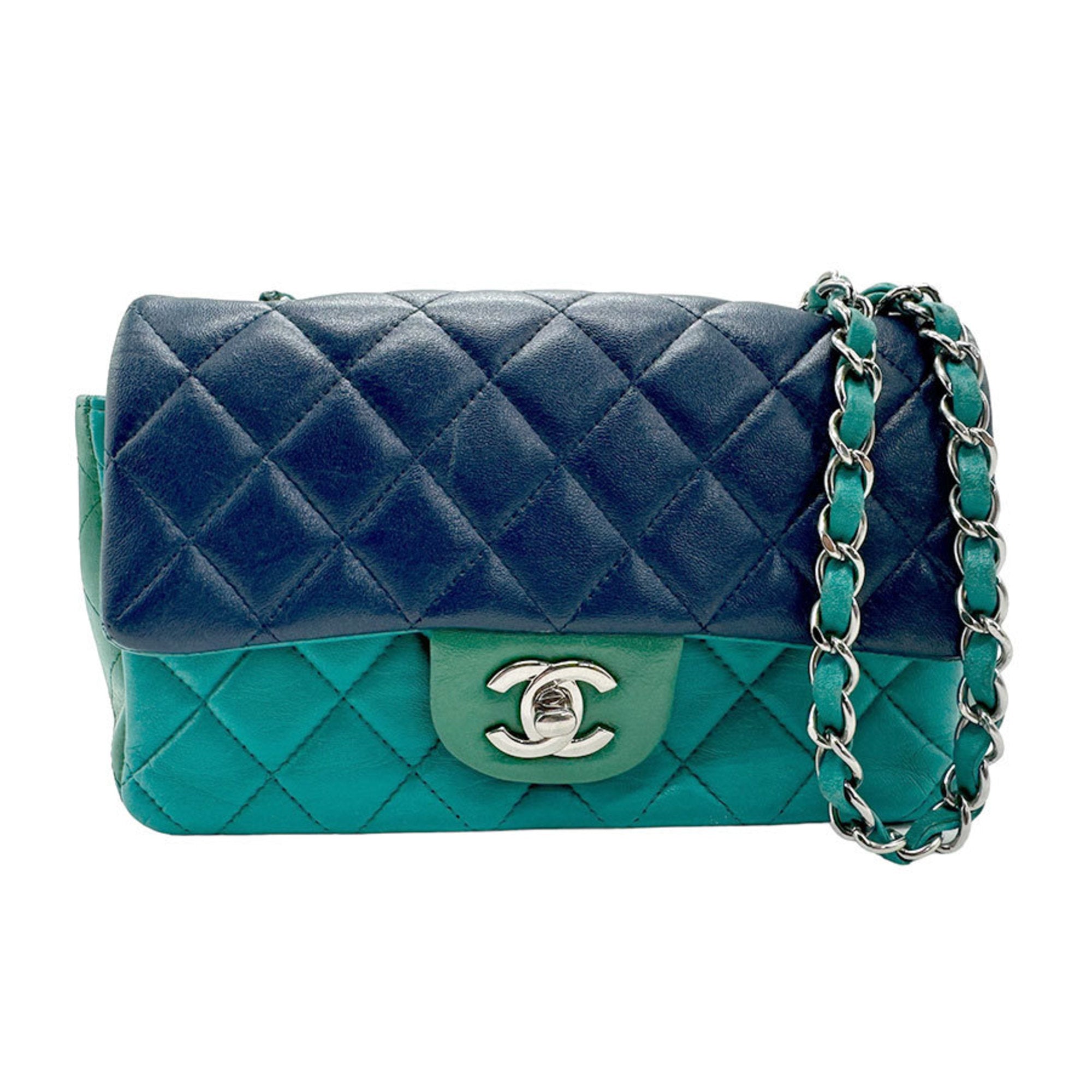 CHANEL Shoulder Bag Lambskin Green x Navy Silver Women's z1732