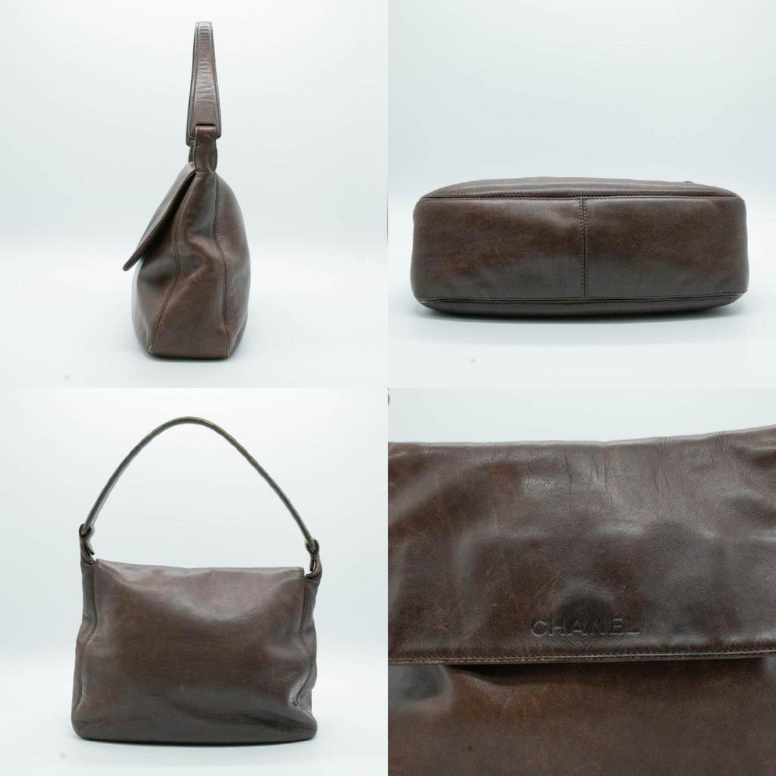 CHANEL Shoulder Bag Handbag Slap Leather Brown Black Women's PD57