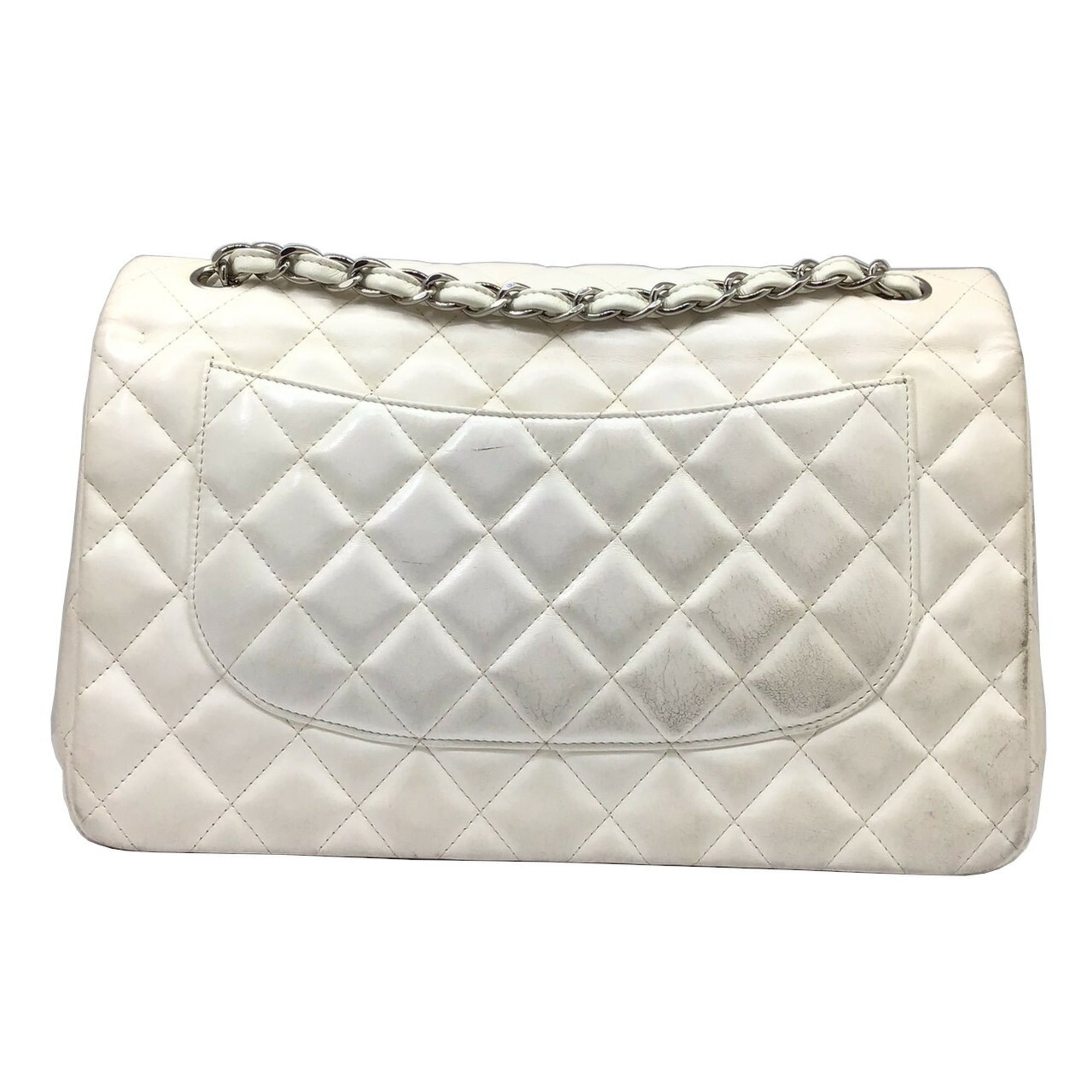 Chanel Matelasse Deka 30 White Lambskin Silver Hardware Chain Shoulder Double Flap Women's