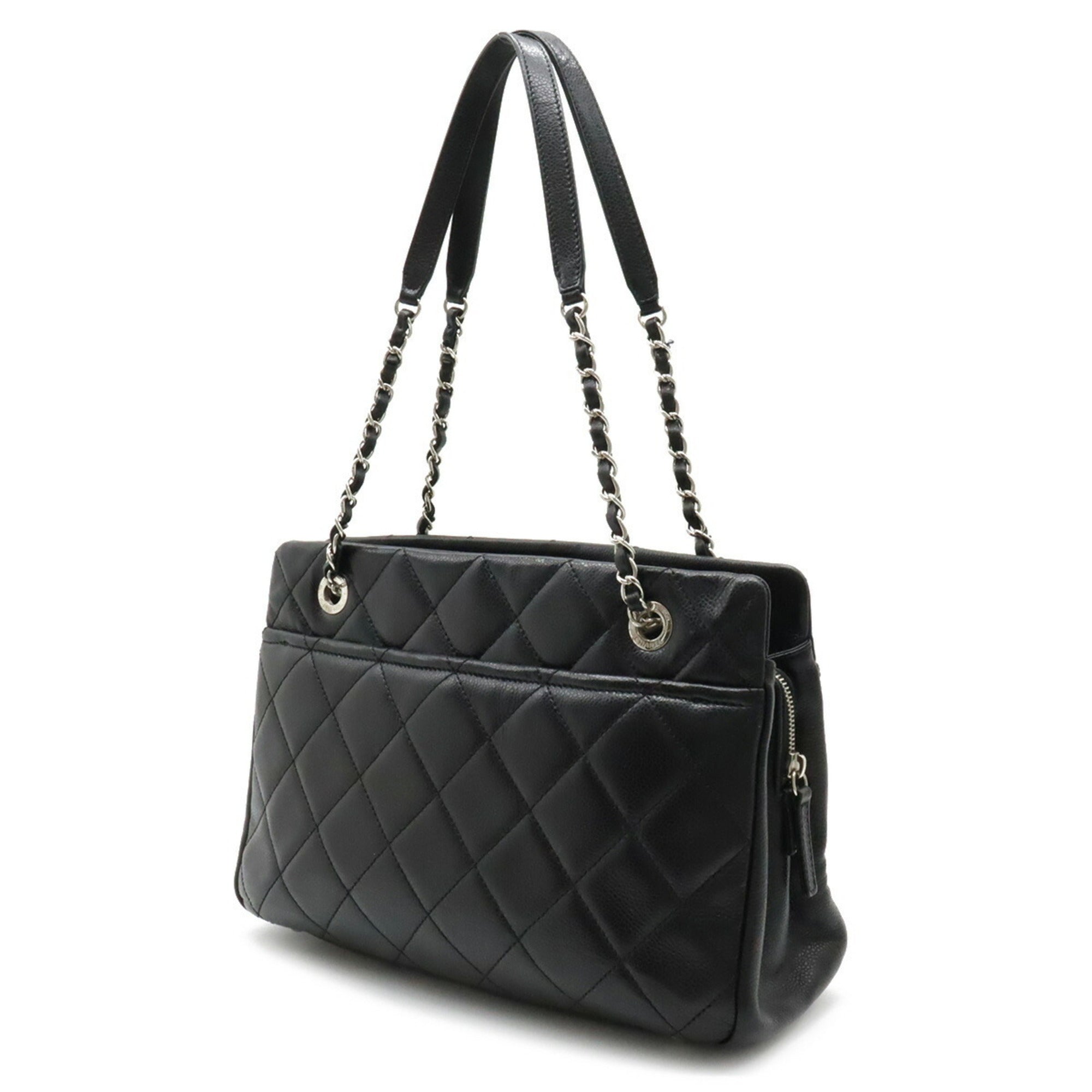 Chanel Matelasse Coco Mark Chain Tote Bag Shoulder Caviar Skin Leather Black A67294