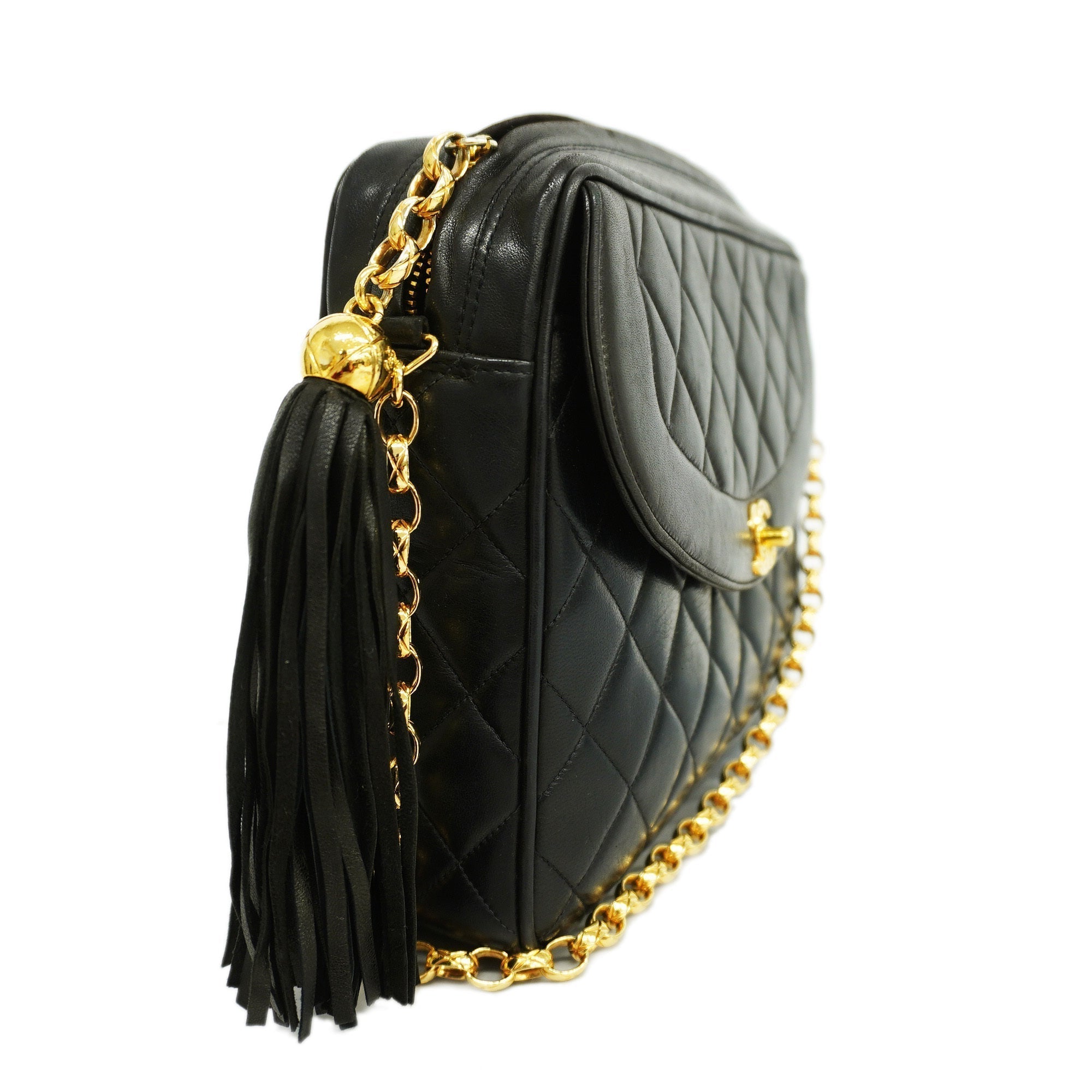 ChanelAuth  Matelasse Chain Shoulder With Fringes Women's Leather Black