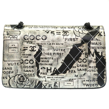 Chanel Matrasse Print Double Flap 2 Leather Silver Black Chain Shoulder Bag Coco Mark CC Lid