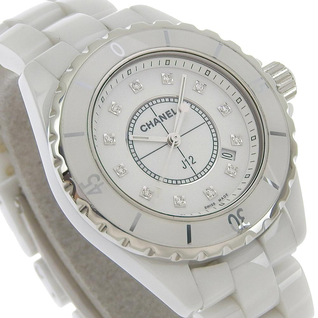 Chanel J12 Watch 12P Diamond H1628 White Ceramic x Quartz Analog Display Ladies Dial