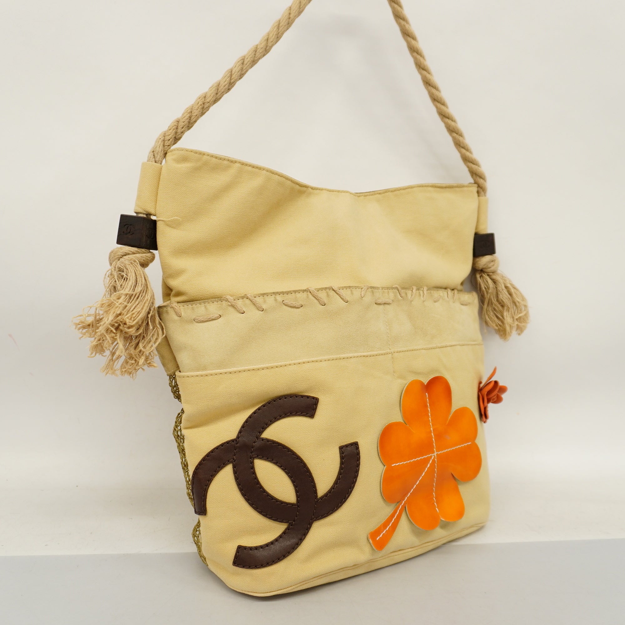 ChanelAuth  Chain Shoulder Women's Canvas Shoulder Bag Beige