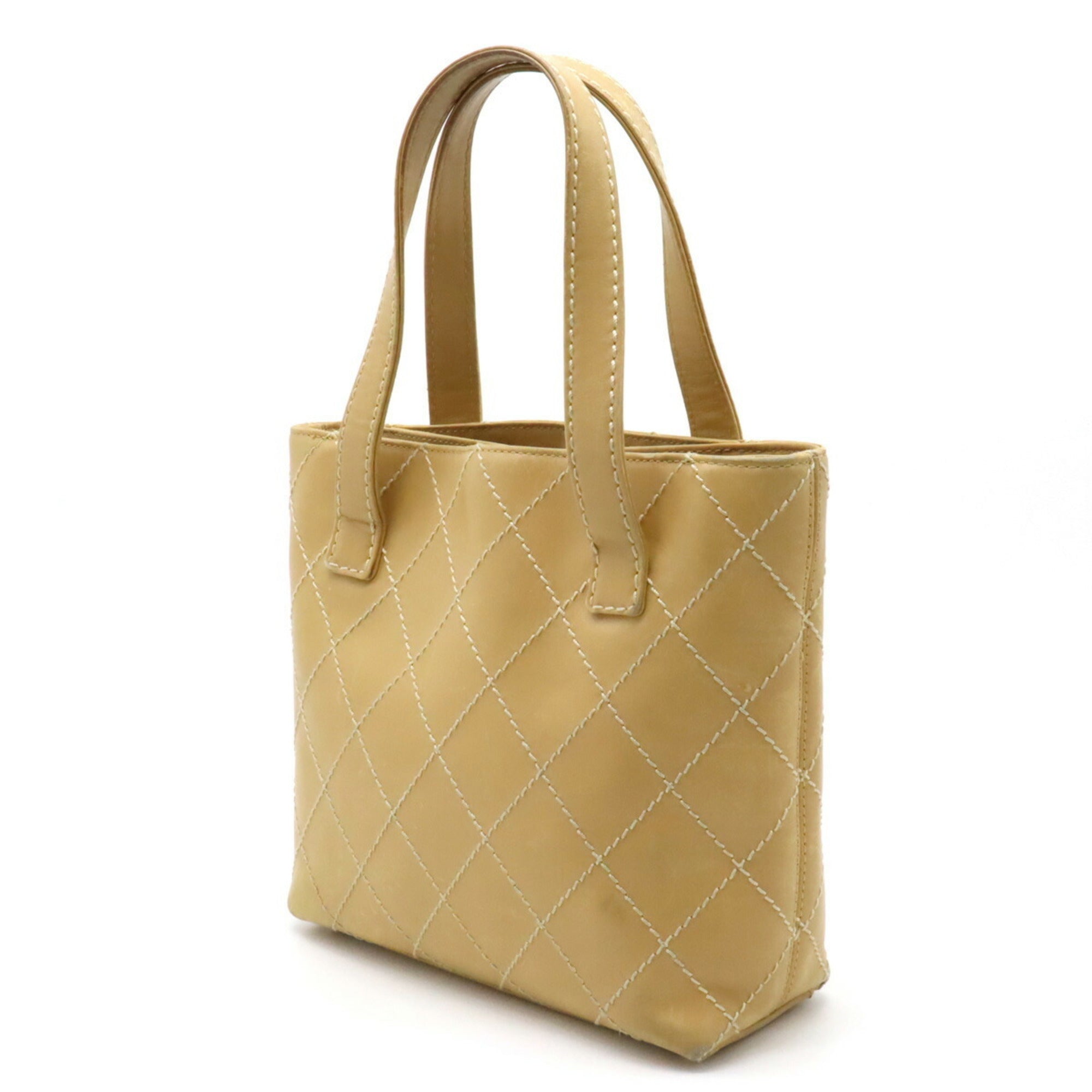 Chanel Wild Stitch Coco Mark HandBag Tote Bag Leather Beige A18126