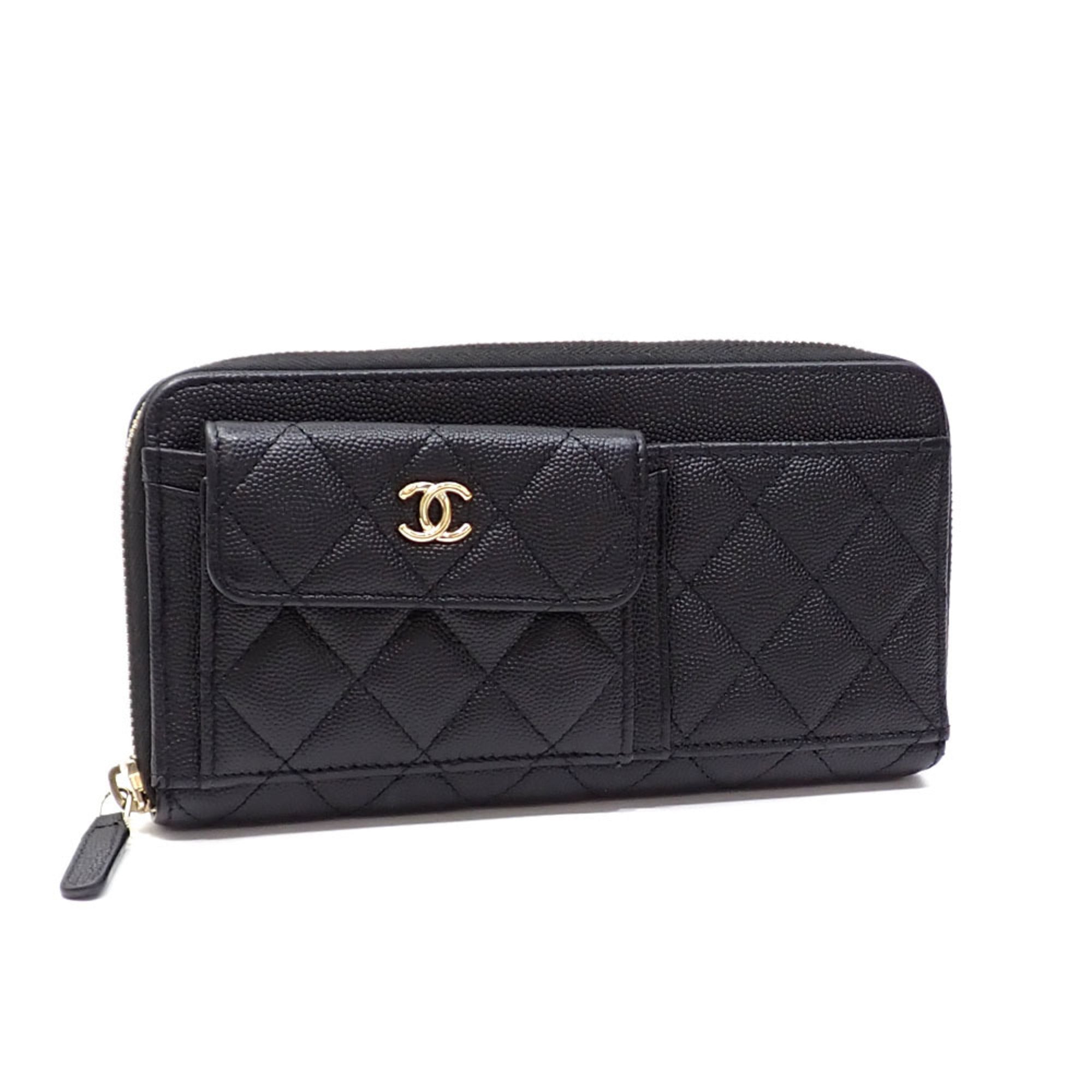 Chanel Round Long Wallet Matelasse Women's Black Caviar Skin AP1139 Coco Mark 2020 Cruise Collection
