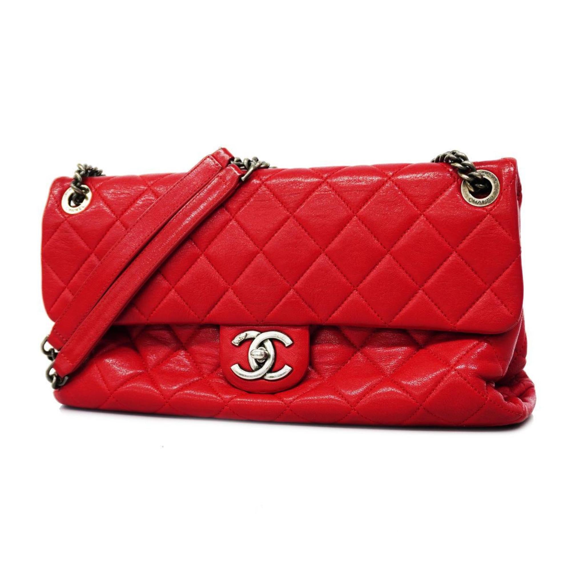 Chanel Shoulder Bag Matelasse W Chain Lambskin Red Women's
