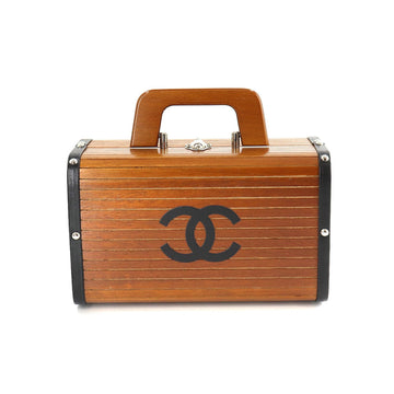Chanel wood vanity hand Bag leather brown black silver metal fittings vintage Wood Vanity