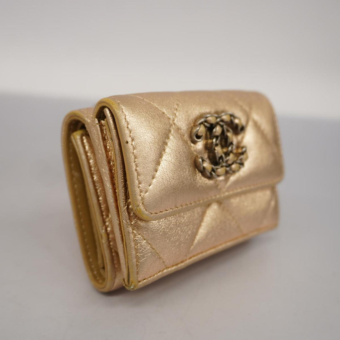 Chanel Tri-fold Wallet Matelasse Lambskin Champagne Gold Women's