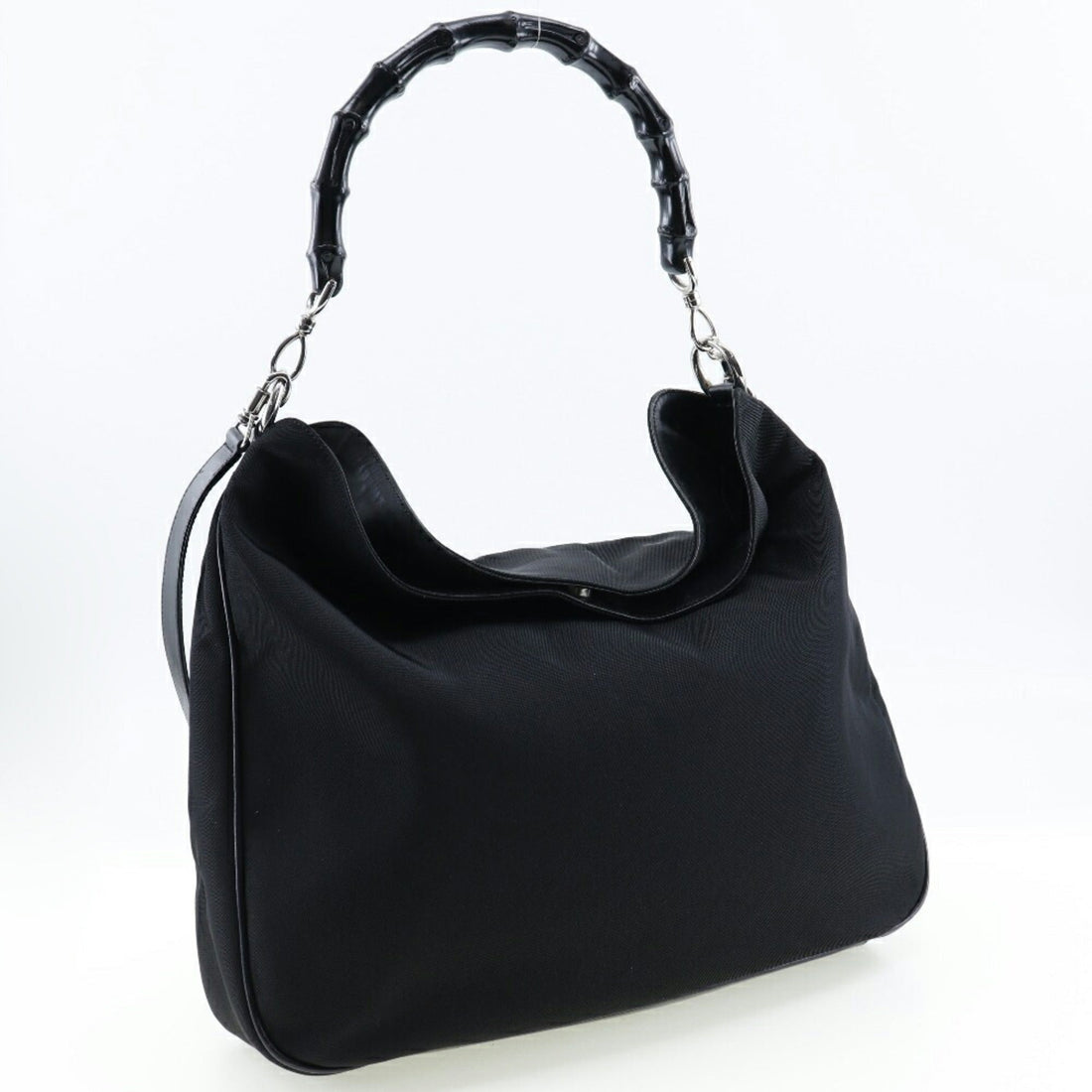 GUCCI Bamboo Handbag 001-0577 Nylon Canvas Made in Italy Black Shoulder 2way A4 Magnetic Type Ladies